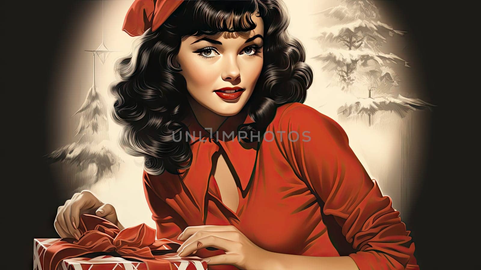 Beautiful pinup girl dressed as Santa Claus with gifts