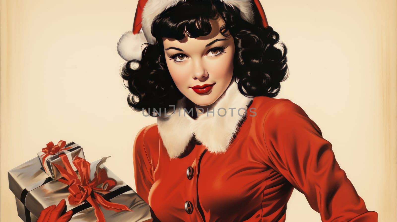 Beautiful pinup girl dressed as Santa Claus with gifts