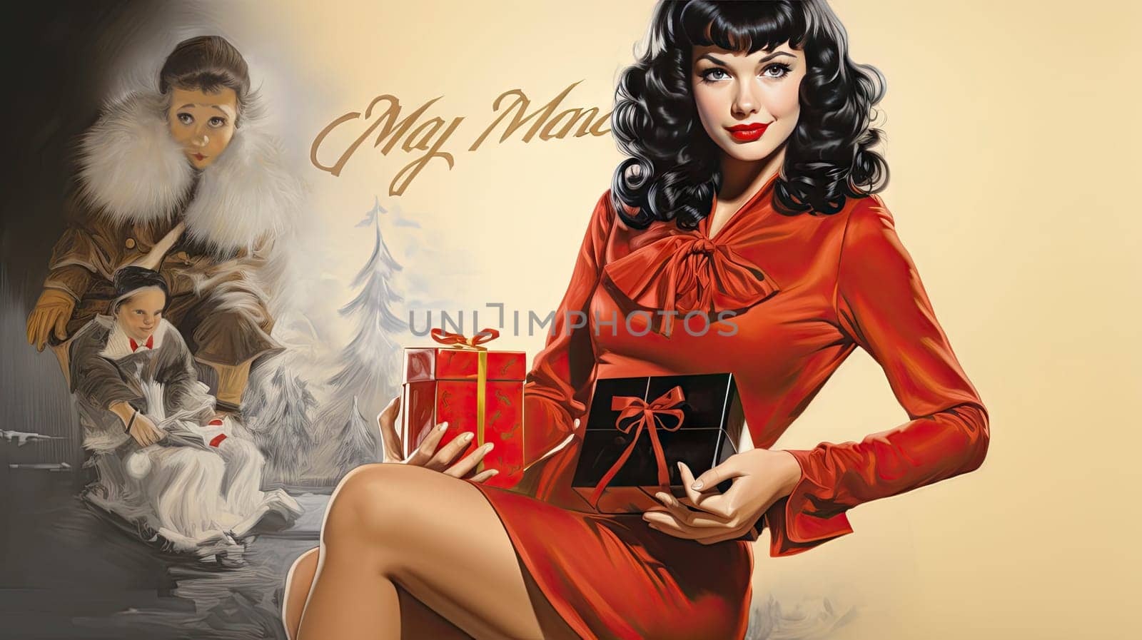 Beautiful pinup girl dressed as Santa Claus with gifts. by jbruiz78