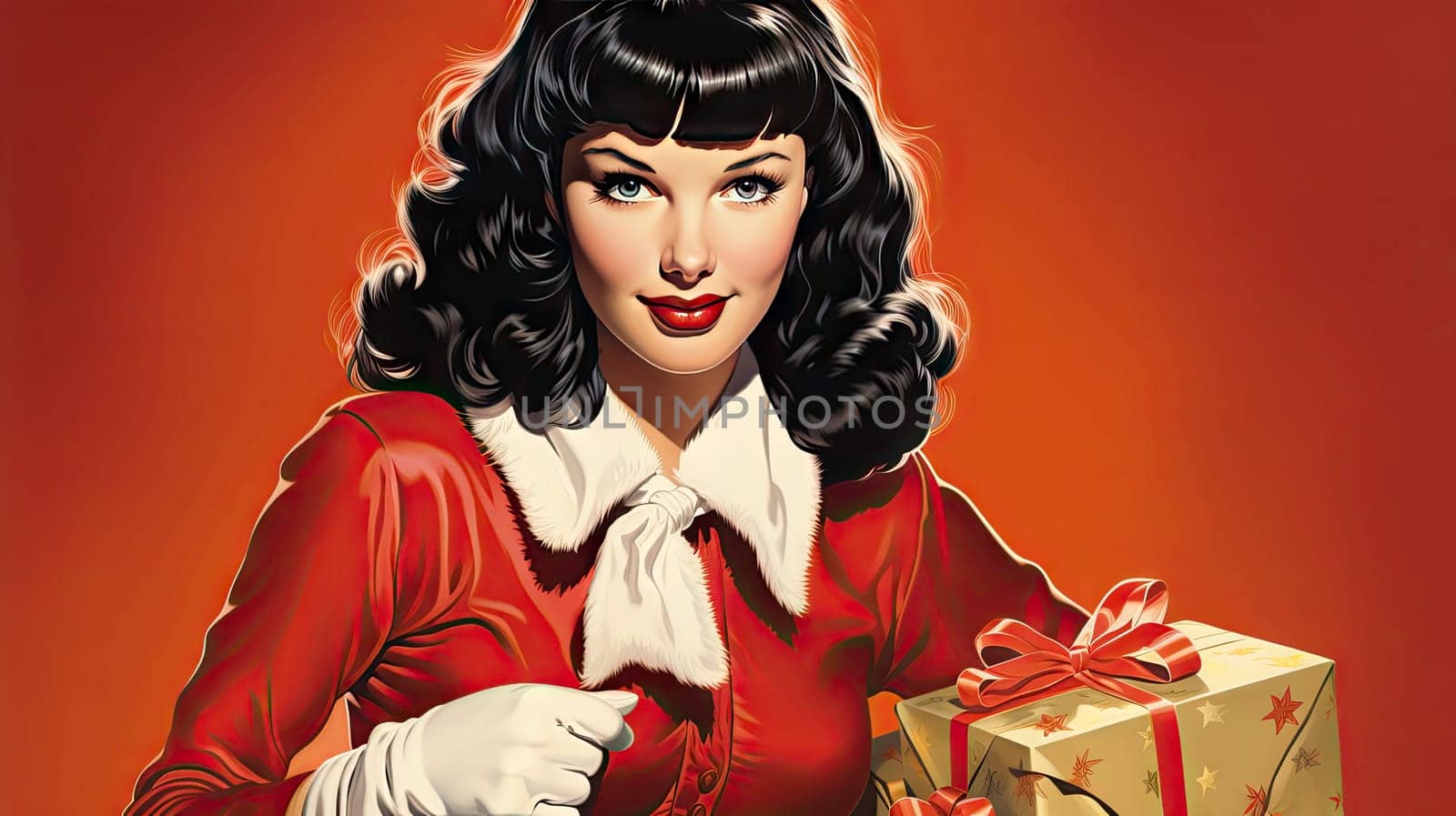 Beautiful pinup girl dressed as Santa Claus with gifts