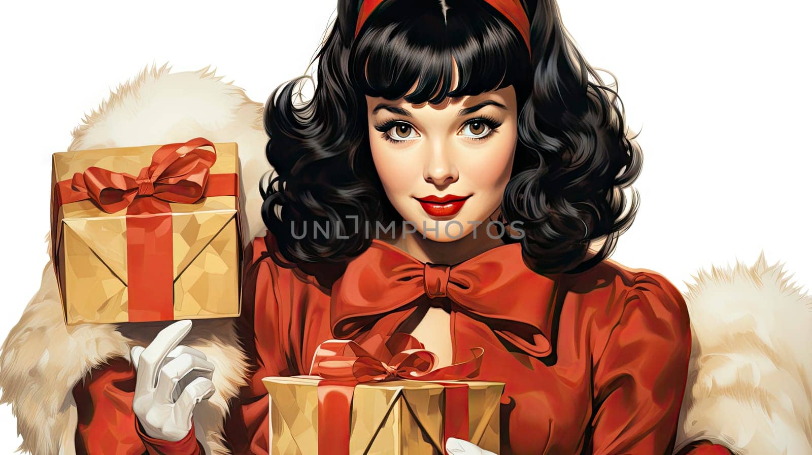 Beautiful pinup girl dressed as Santa Claus with gifts