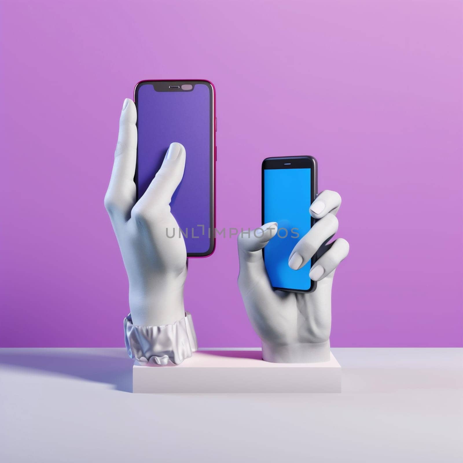 online hand screen space trendy call collage art phone trend style fashion purple colourful background finger advertisement smartphone modern copy design cyberspace. Generative AI.