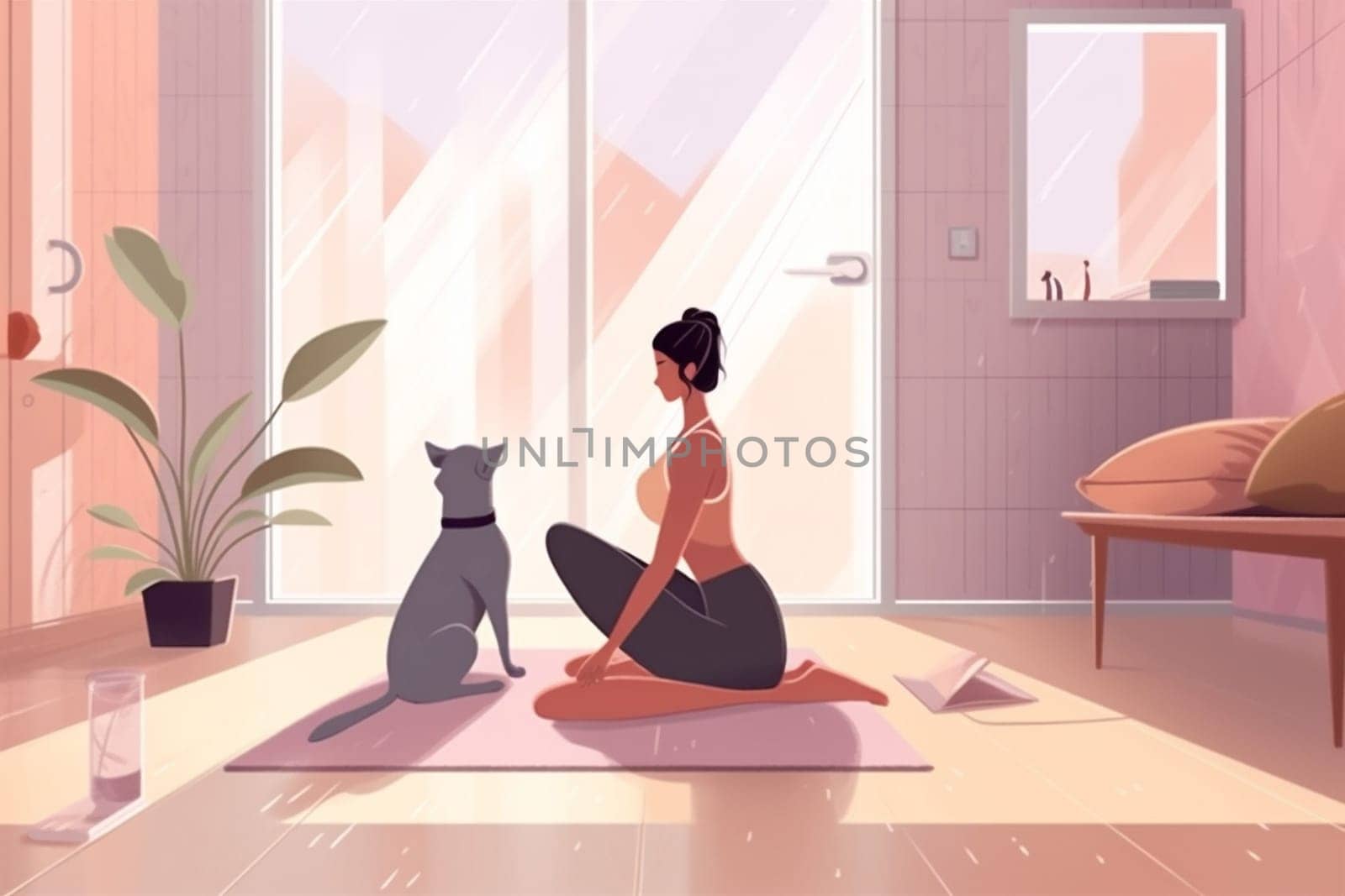 woman dog exercise puppy zen illustration activity home body indoor lifestyle training relax cartoon fitness sportswear cat sport yoga exercising happy. Generative AI.