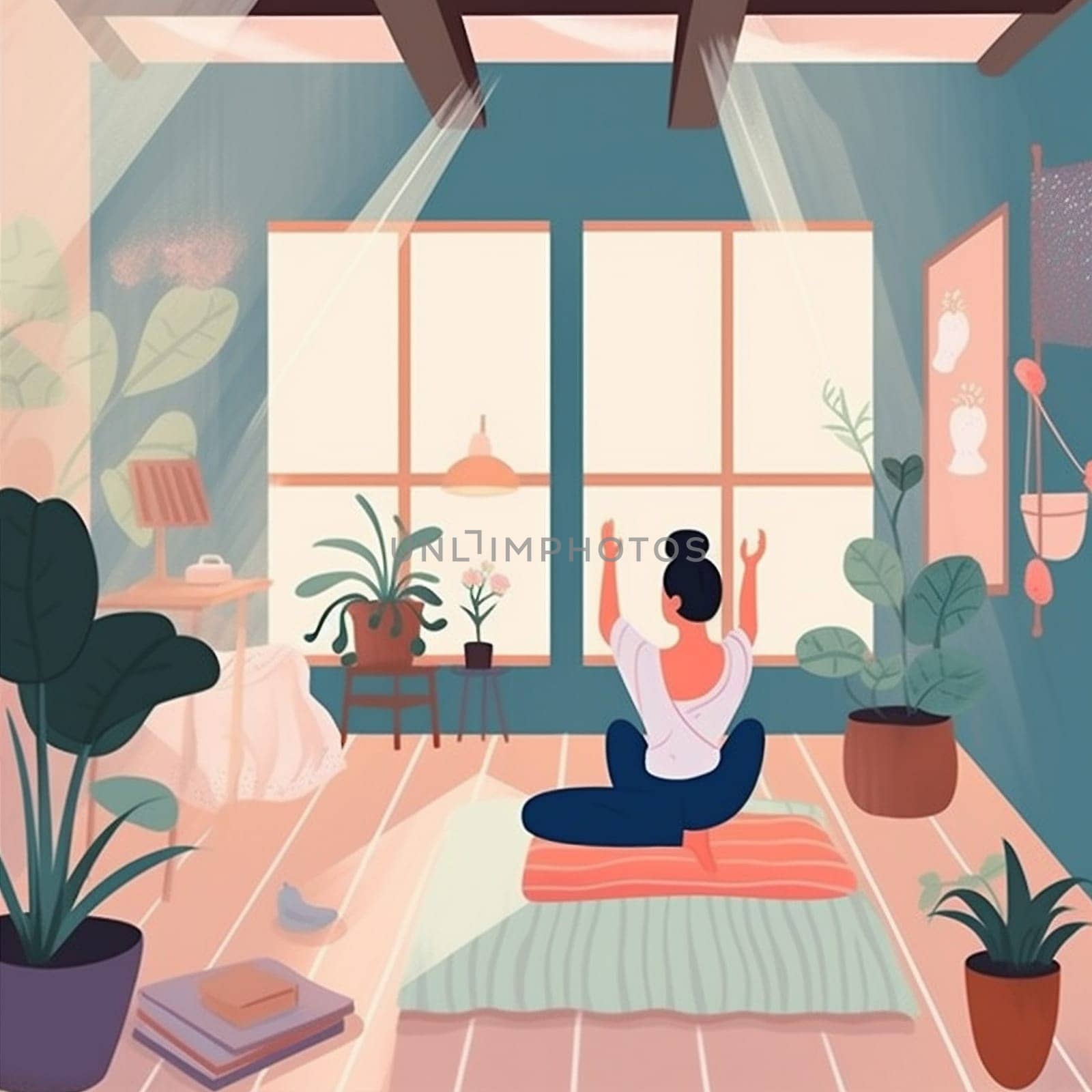 woman dog pose yoga cartoon fitness sport body training lifestyle home. Generative AI. by Vichizh