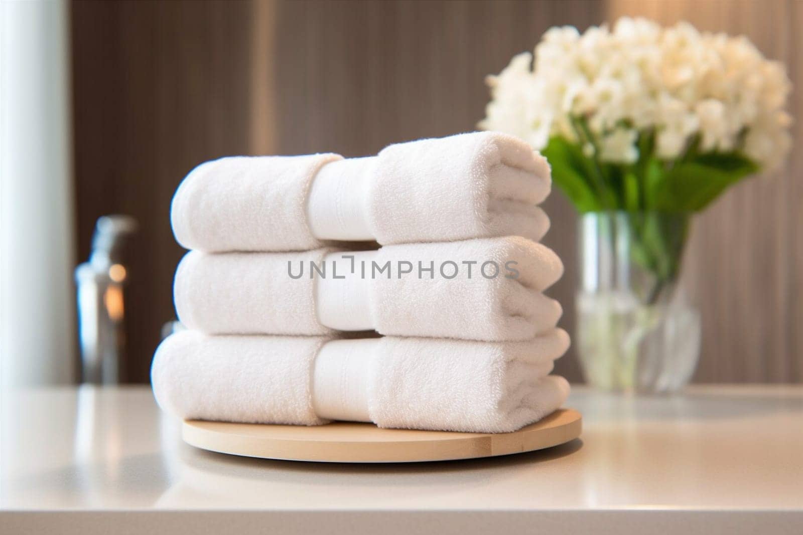 room table shower home interior towel wellness up space mock white soft care hotel light shelf cloth bathroom luxury counter design background. Generative AI.