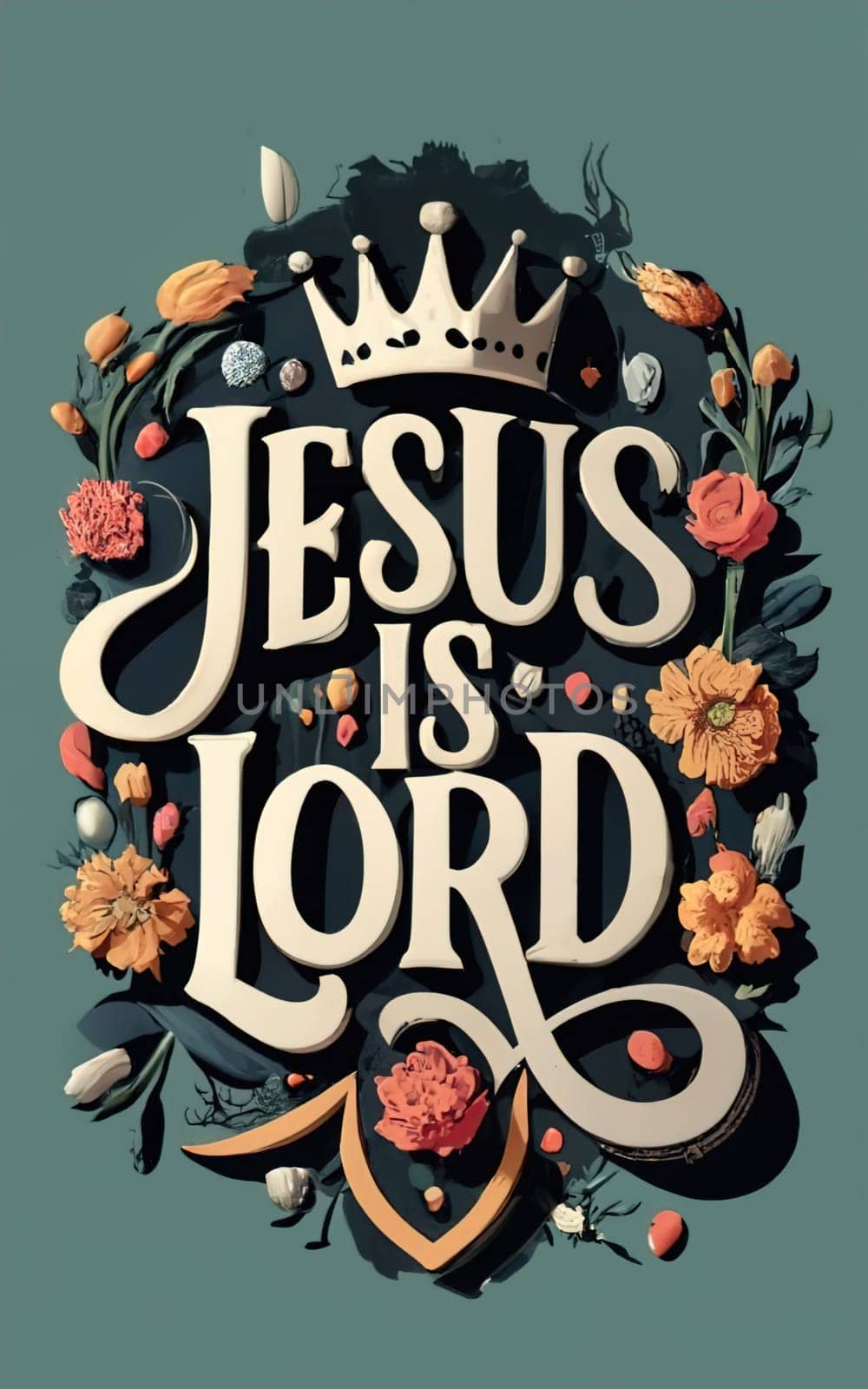 White illustration, plain black background, 3d letters art, sticker design includes text, JESUS IS LORD crown, Victorian, frame download image