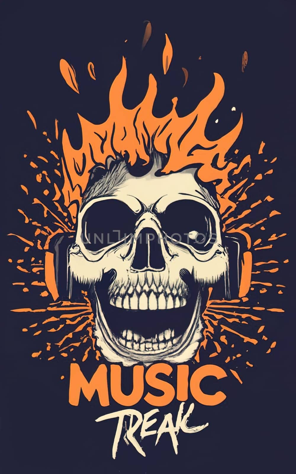Terrifying Skull with Soul Emerging, 'Music Freak' Text - T-Shirt Illustration on Dark Background by igor010