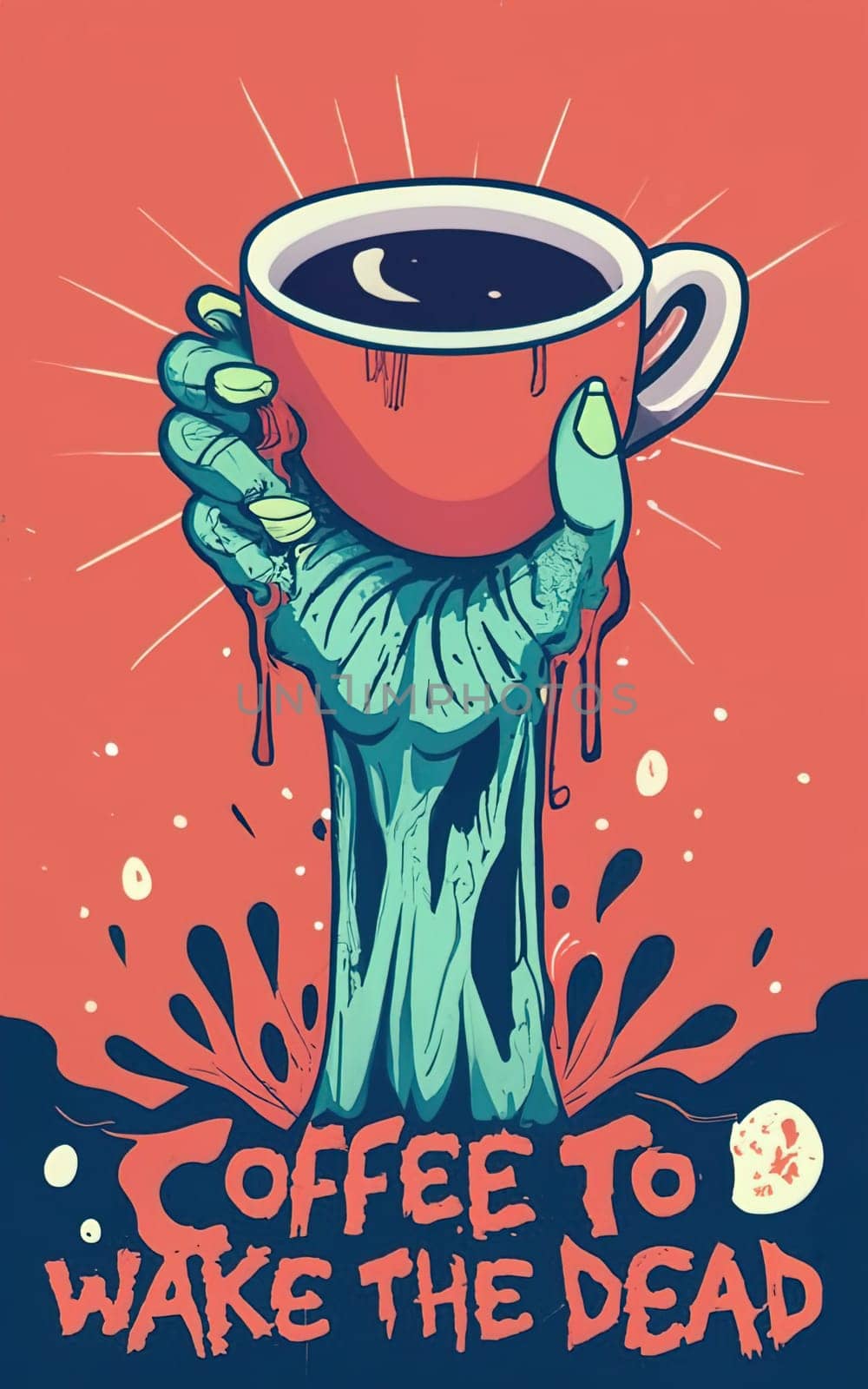 T-Shirt Design: Zombie Hand Rising with Coffee Mug - 'Coffee to Wake the Dead' Typography download image