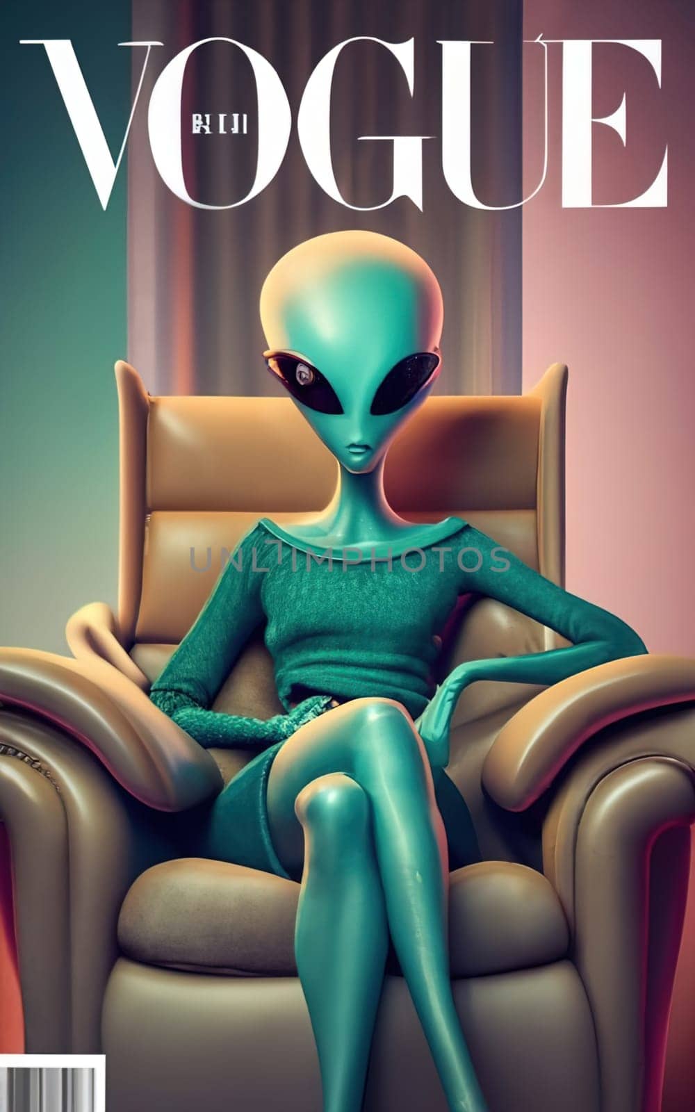 vogue magazine cover of alien , sitting on chair , looking cool, iconic, detached but relatable by igor010