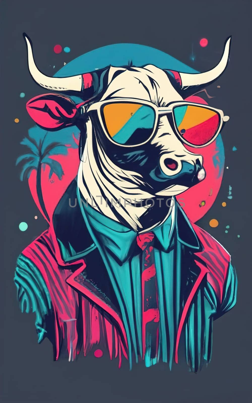T-shirt Bull with horns wearing sunglasses, minimalist ink drawing style, retro vibes, retro colors, silhouette, pop art style, concept art download image