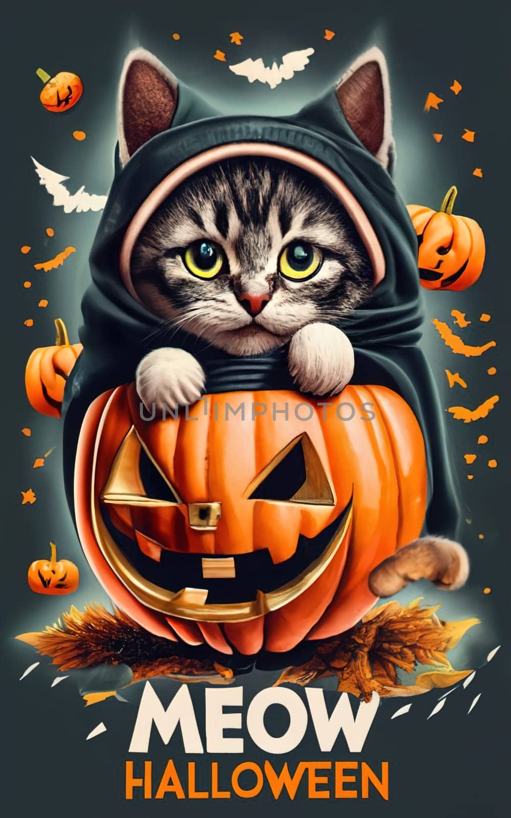 T-Shirt Design: 'Meow Halloween' - Masterful Photorealistic Cat in Pumpkin Hollowing Illustration download image