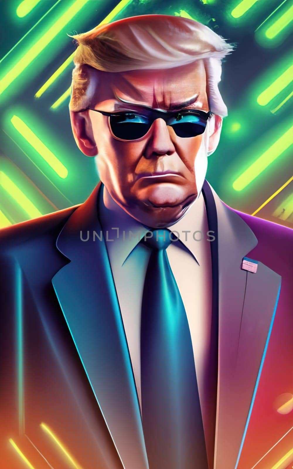 Donald Trump, full body, with a jacket, tie and black glasses, in the background there are green bars or codes like in the movie The Matrix by igor010