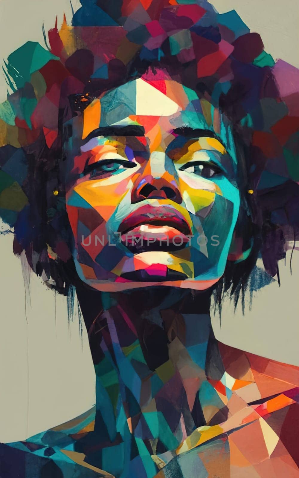 abstract illustration of black woman's face, with colorful pixels, in the style of dimitry roulland, modular, graphic design poster art by igor010