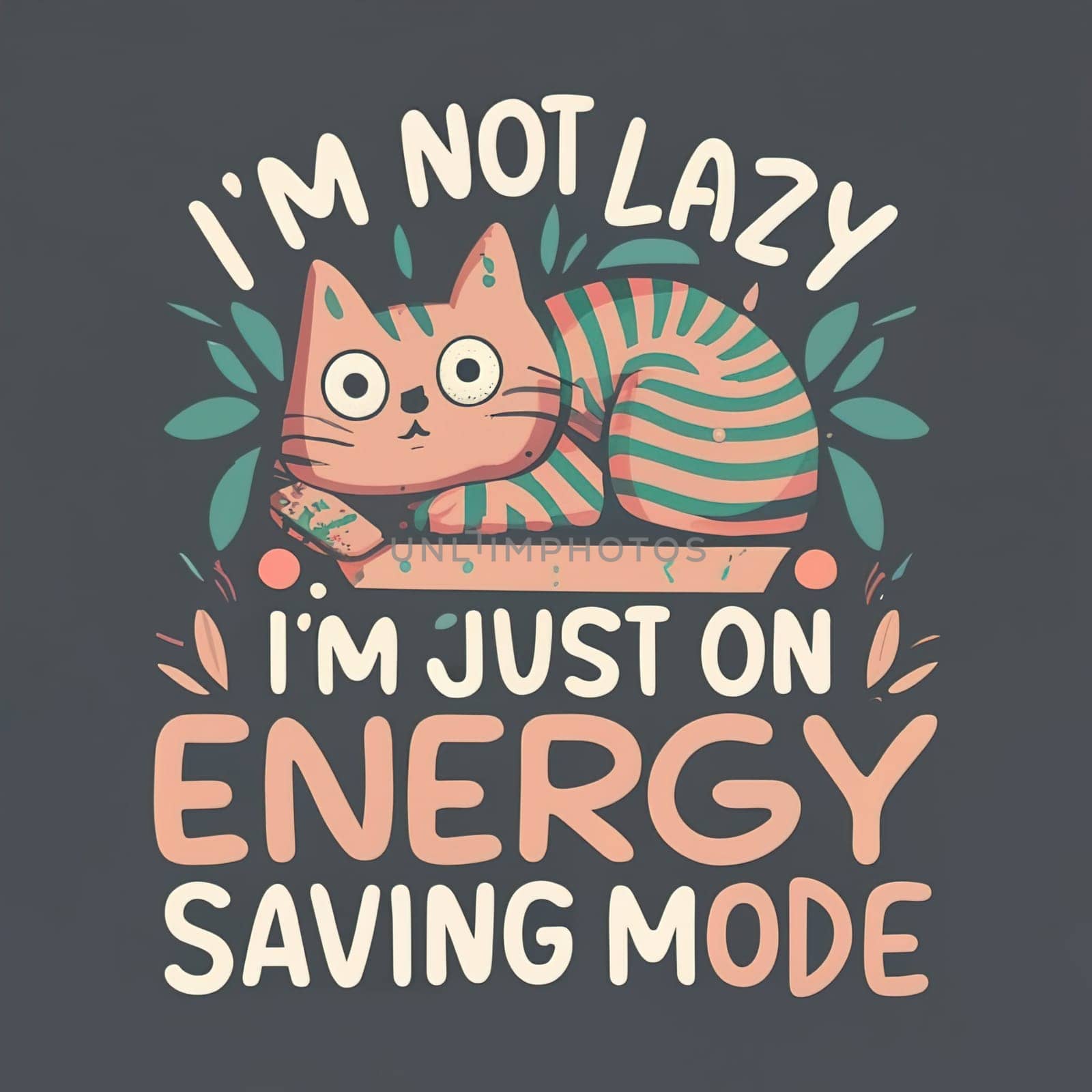 Cat under Im Not Lazy Im Just on Energy-Saving Mode Text - Humorous Pet Illustration on Black Background download image