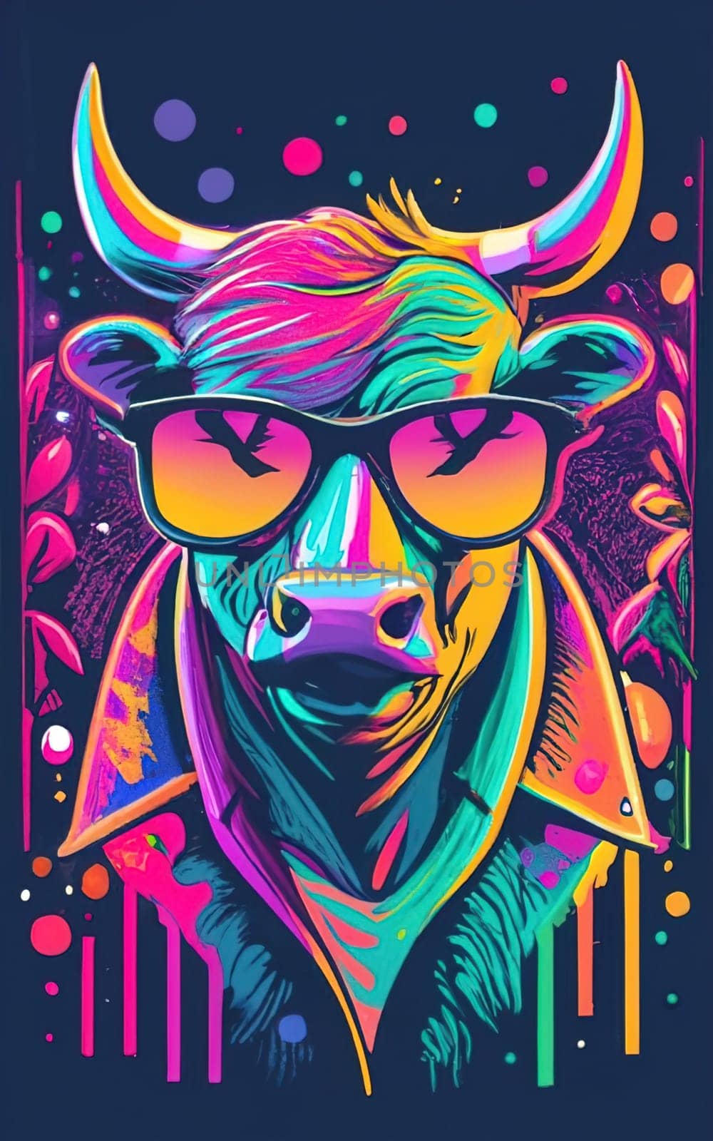 T-shirt Bull with horns wearing sunglasses, minimalist ink drawing style, retro vibes, retro colors, silhouette, pop art style, concept art by igor010