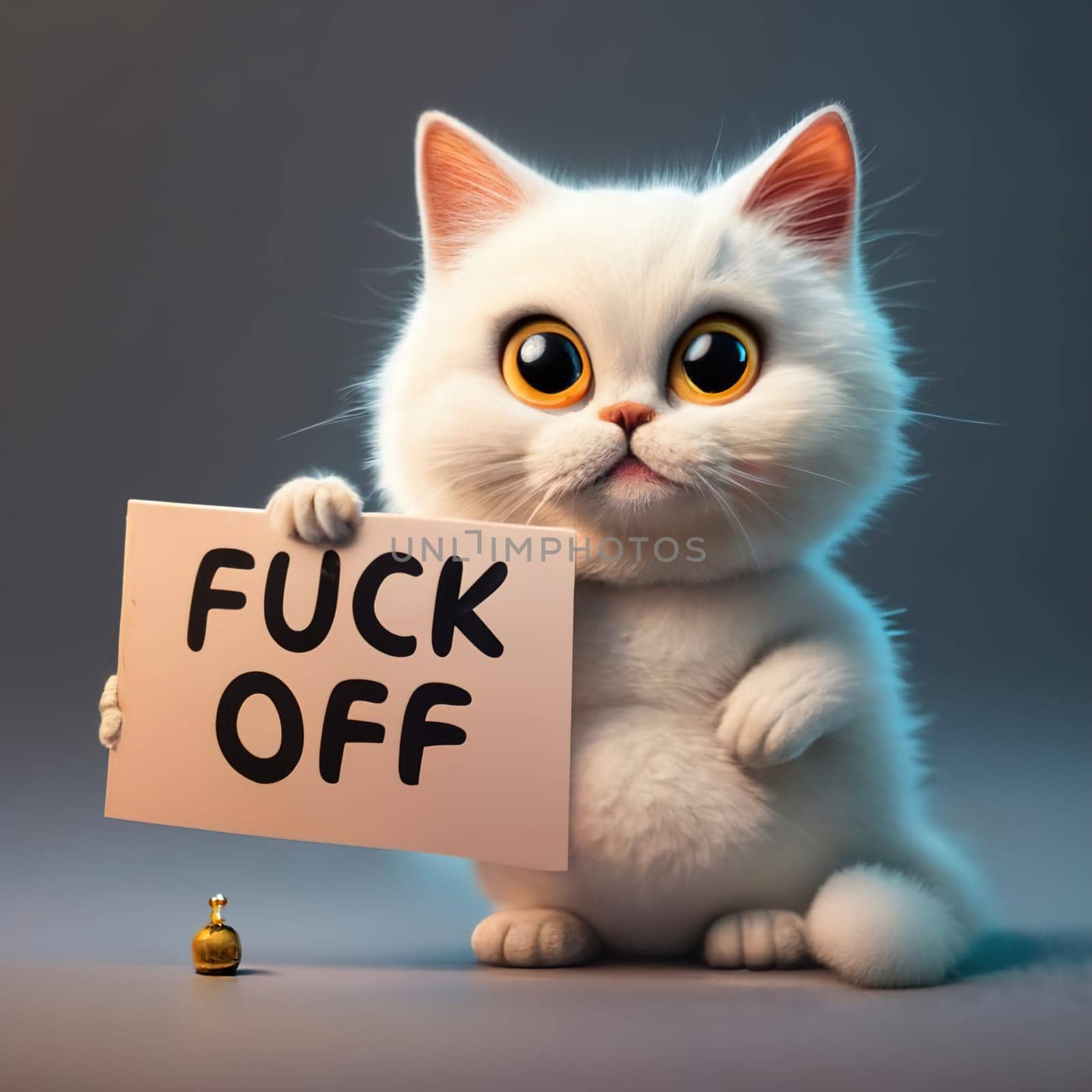Realistic Cute White Cat in Emoji Style with Various Emotions, Holding a Sign with the Words FUCK OFF - Expressive Pet Illustration download image