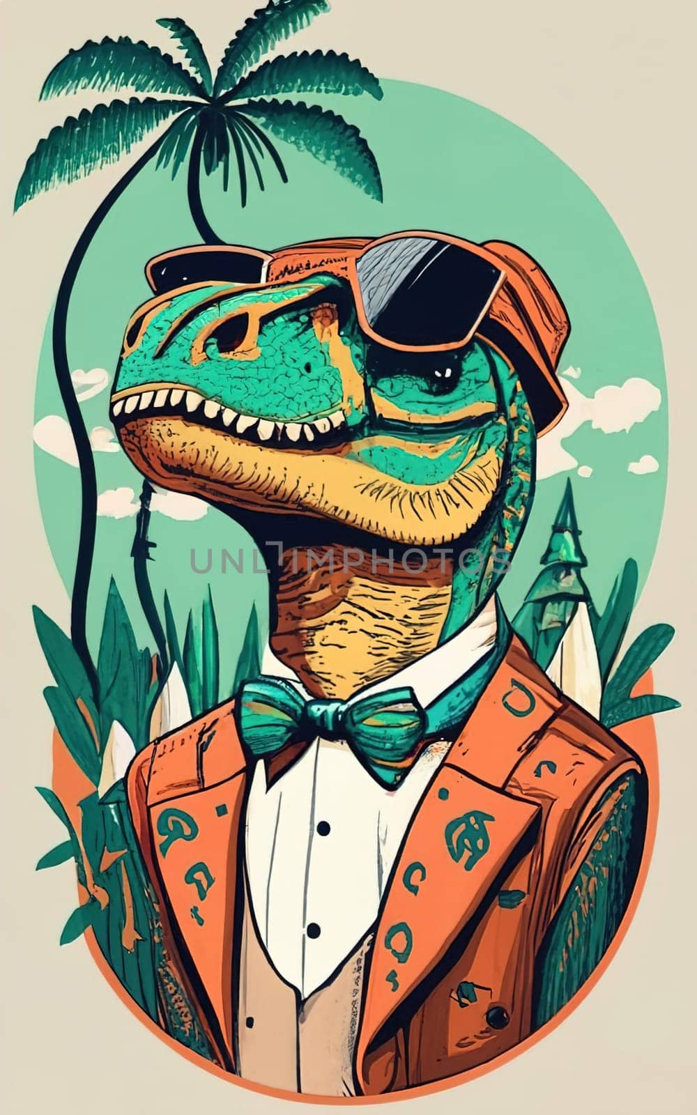 A T-shirt design, a dinosaur with sunglasses, coat and cap, a circular design with centered design, sticker by igor010