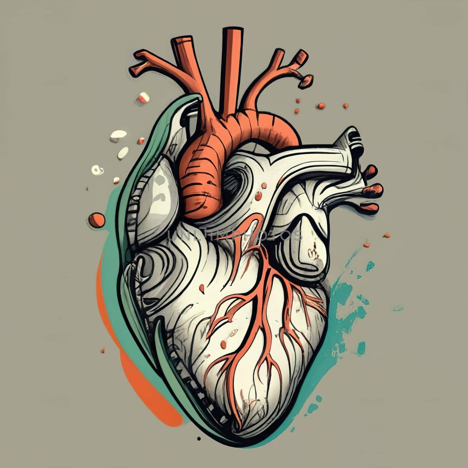 colorful Ink painted real heart, minimalistic, ink drawing style, vanishing point on white paper, one line artwork by igor010