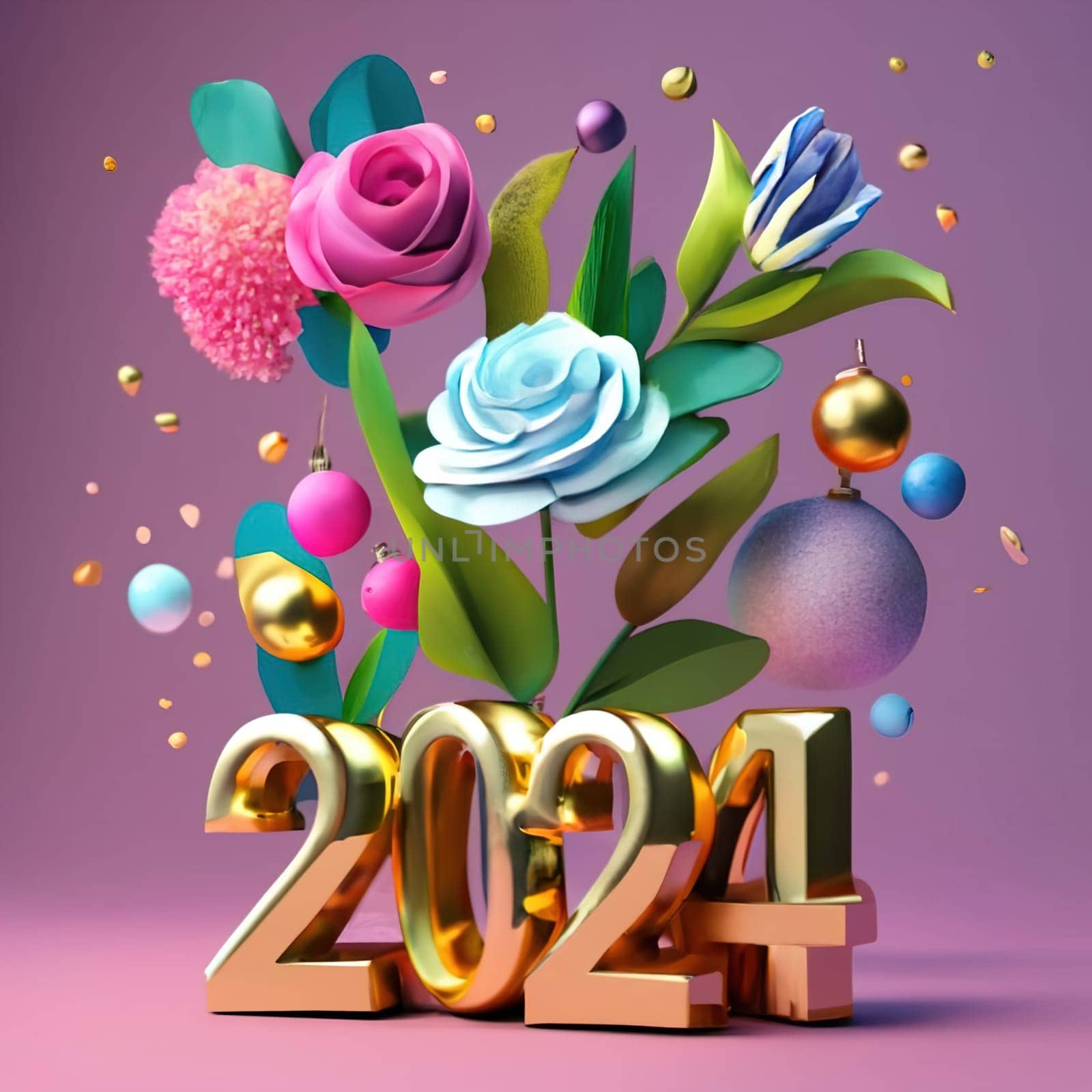 2024 Happy New Year Greeting Card - Vibrant Gold Conceptual Art in 3D Render with Stylish Typography and Fashion Illustration download image