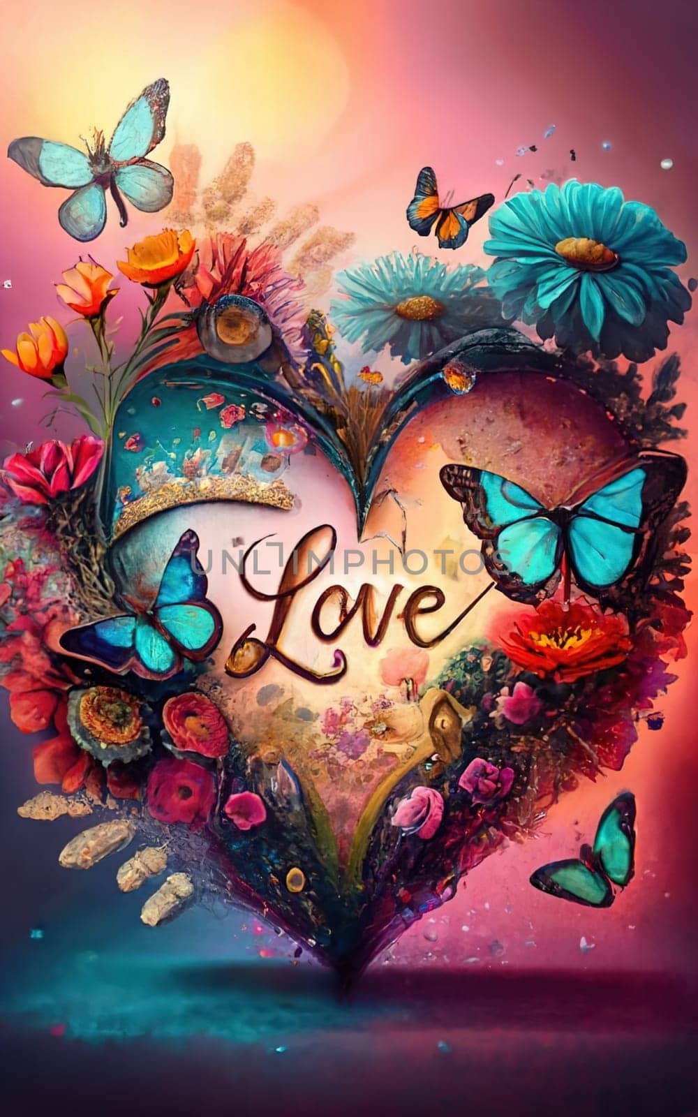 Romantic Watercolor Love Heart with Flowers, Butterflies, and Sunset - Soft Pastel Colors by igor010