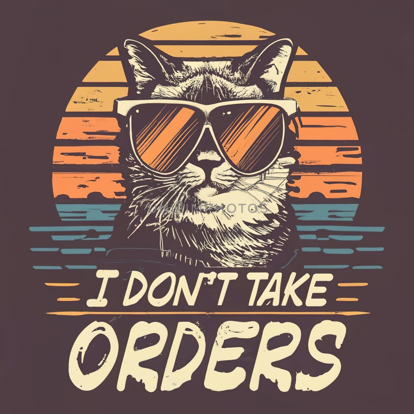 Vintage Retro Sunset T-Shirt Design - Cat in Sunglasses with 'I DON'T TAKE ORDERS' Text, Distressed Black Style by igor010