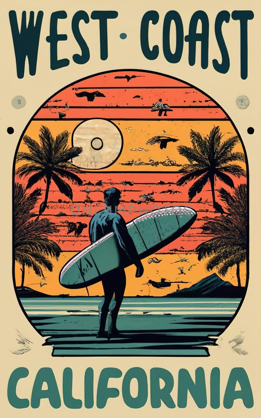 A T-shirt design, a man with a surfboard on a tropical beach an image of Distressed Retro Sunset, circular design, centered design, minimalistic ink drawing style by igor010