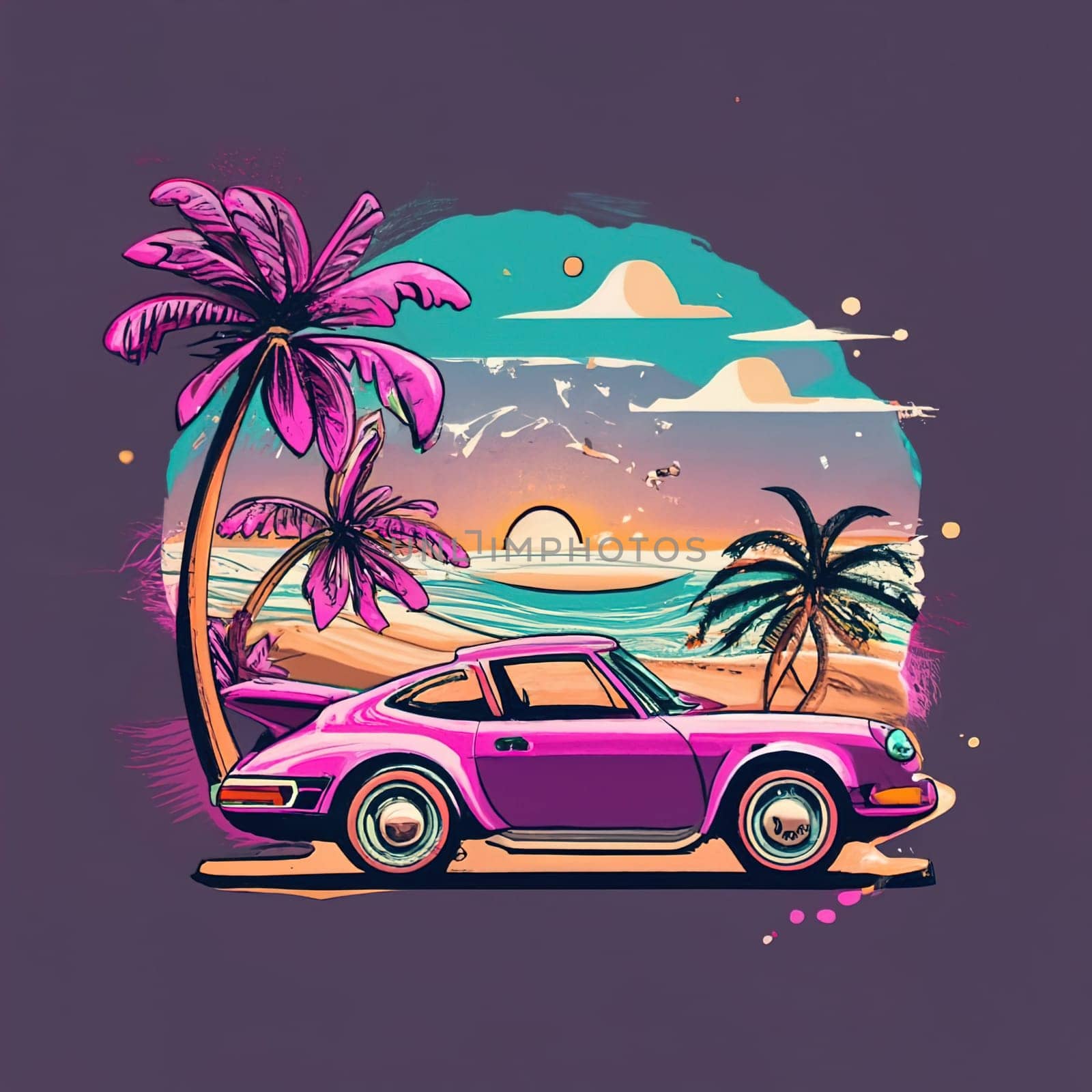 T-shirt design, minimalist ink painting, Purple Porsche 911 sports car, Vanishing Point on the beach, beach chair, iced drink, sunset, colored ink splash, water drop download image