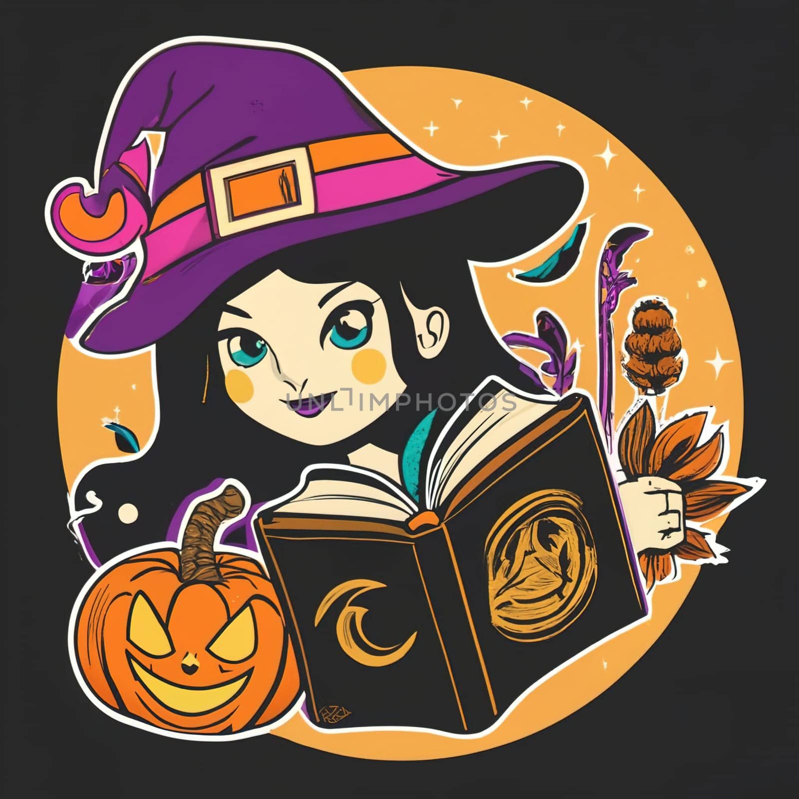 Halloween T-Shirt Design with Kawaii Witch, Jack-o'-lantern, Grimoire, Colored Crystal Ball, and Candy - Cartoon Illustration by igor010