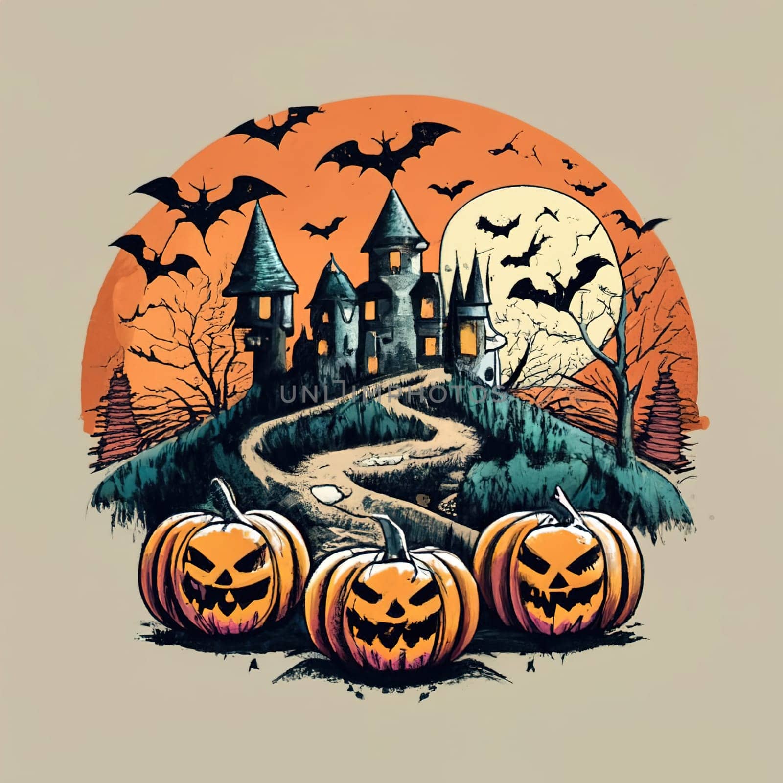 Halloween Design with Forest Zombie, Pumpkins, Bats, and Castle - Minimalist Ink Drawing with Retro Vibes, Vanishing Point, Watercolor, Transparent Background by igor010