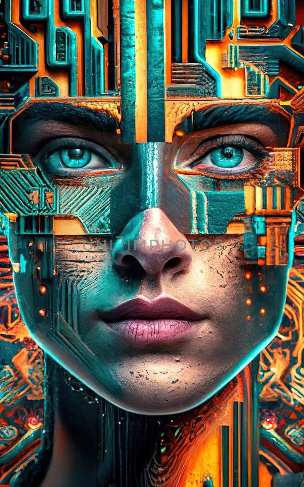 A handsome digital face, neuron cells, circuit fault face, Matrix Code, retro futuristic Cyberpunk urban pixels, environmental sculpture, vary, portrait by igor010