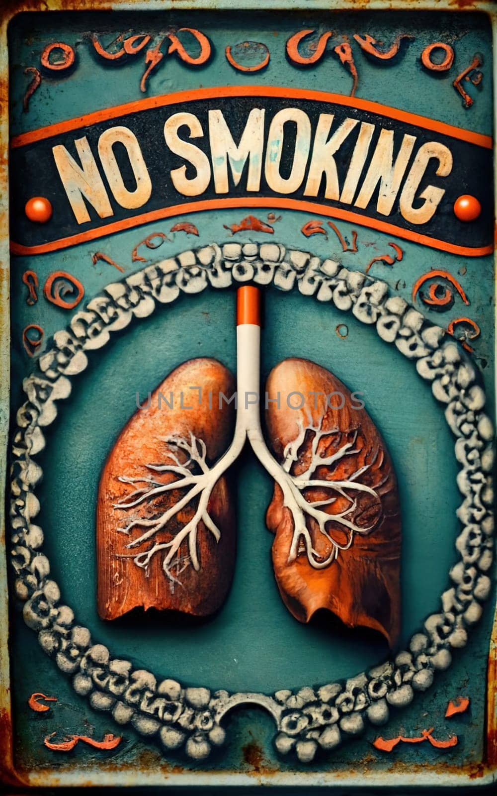 A rusty metal plaque with a lung blackened by smoking emblazoned with the words No Smoking, photo, poster, dark fantasy, typography by igor010