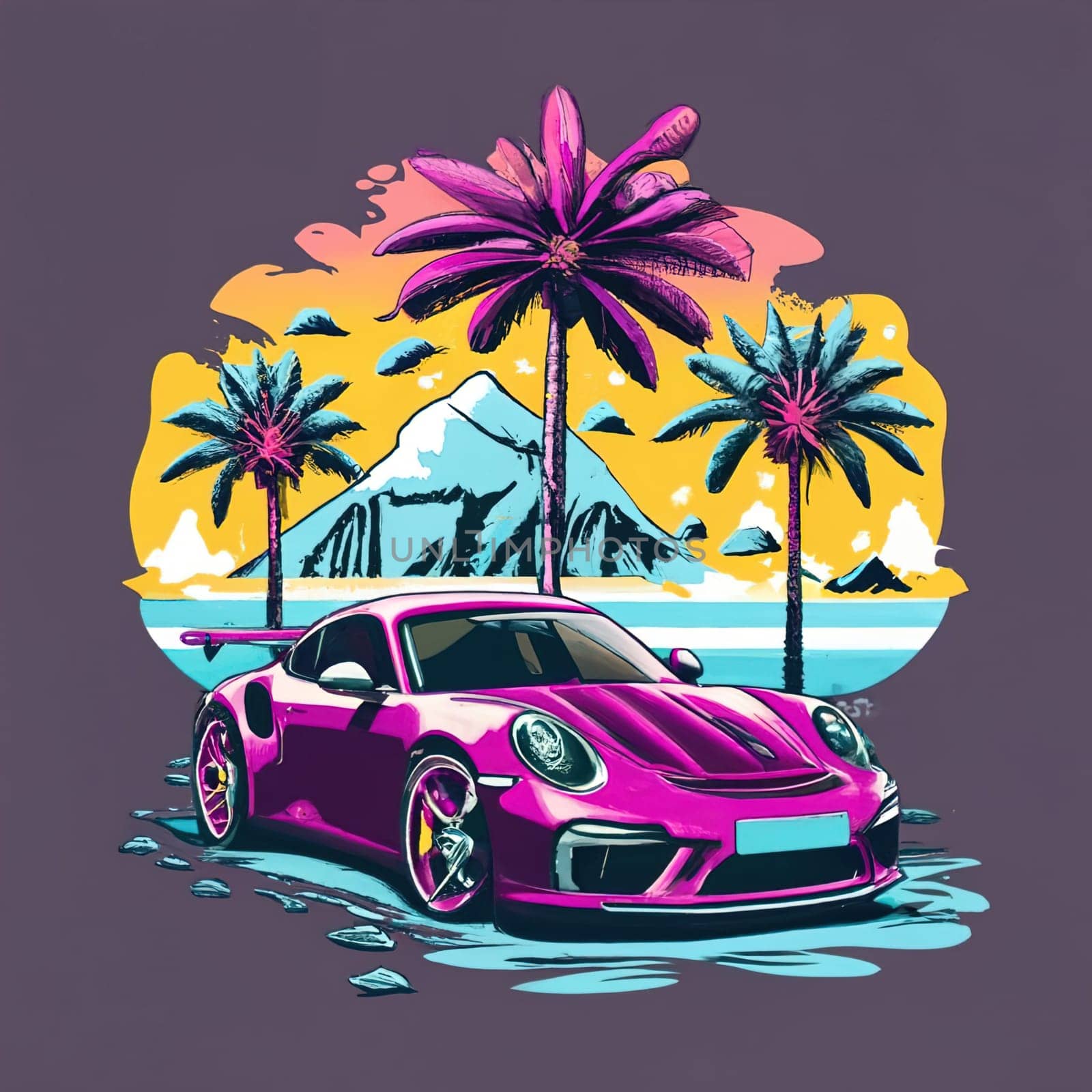 T-shirt design, minimalist ink painting, Purple Porsche 911 sports car by igor010