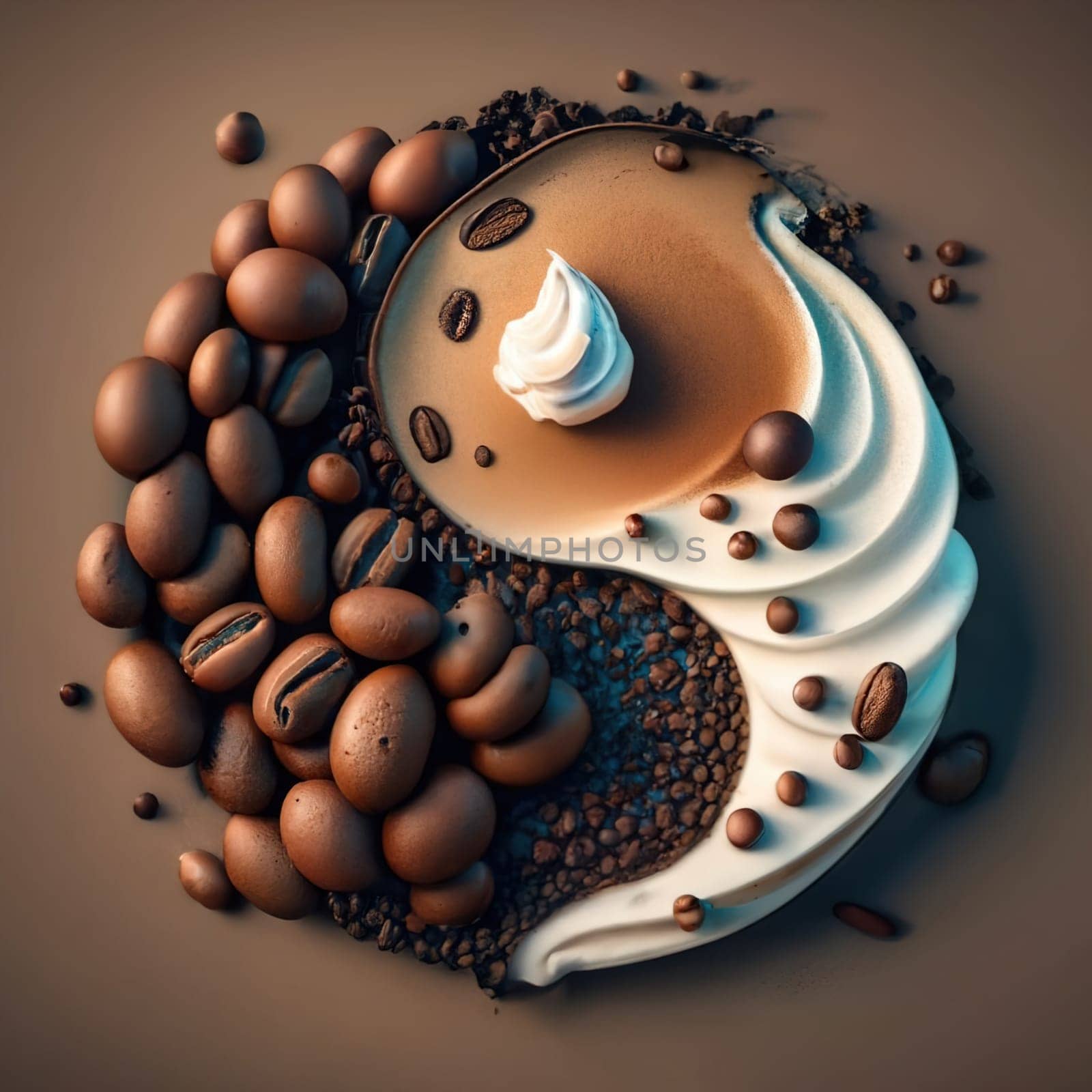 Yin-Yang Coffee Art: Symbol Created with Black Coffee and Whipped Cream - Creative Concept in Food Art download image