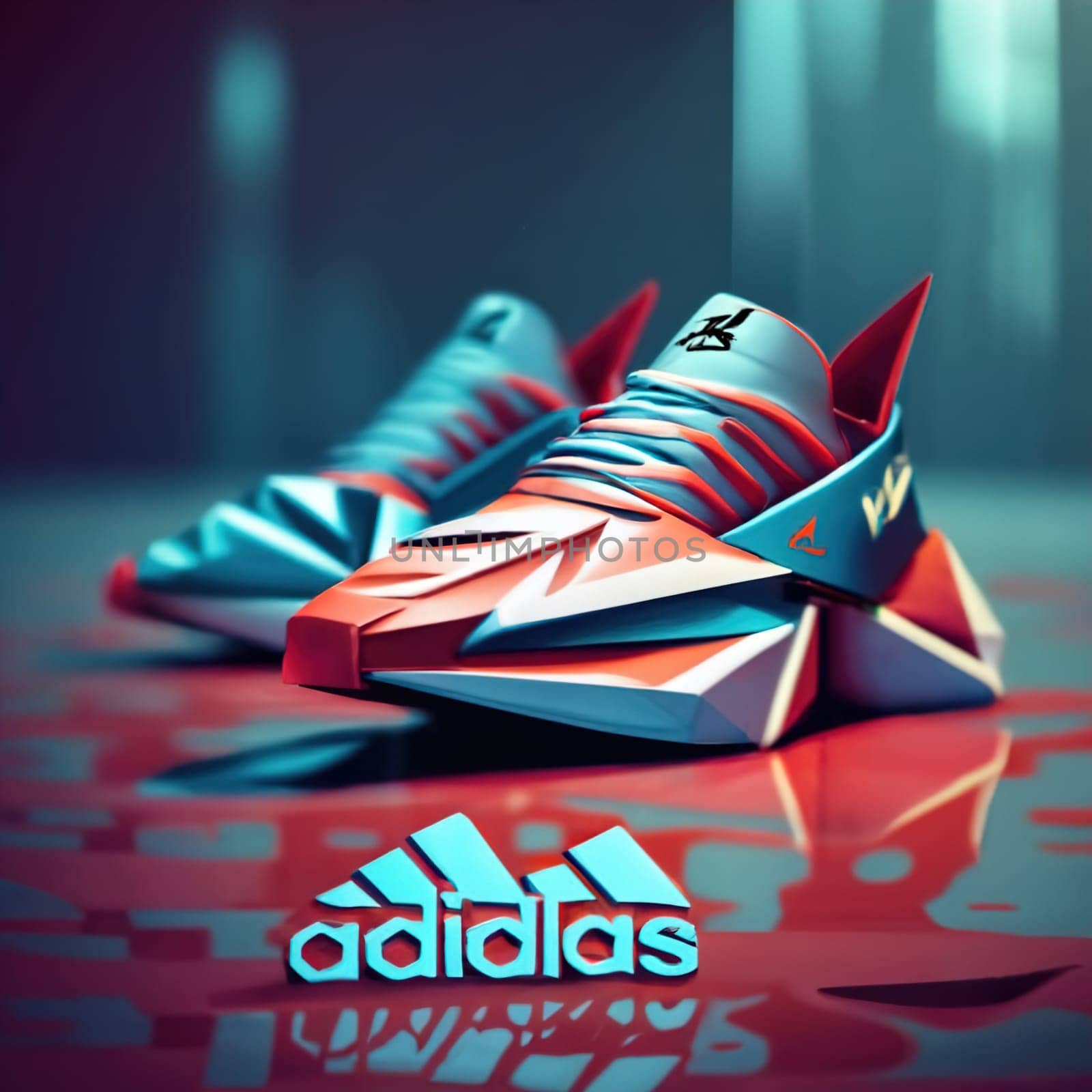 Origami futuristic adidas shoes , with dark blue background text adidas by igor010