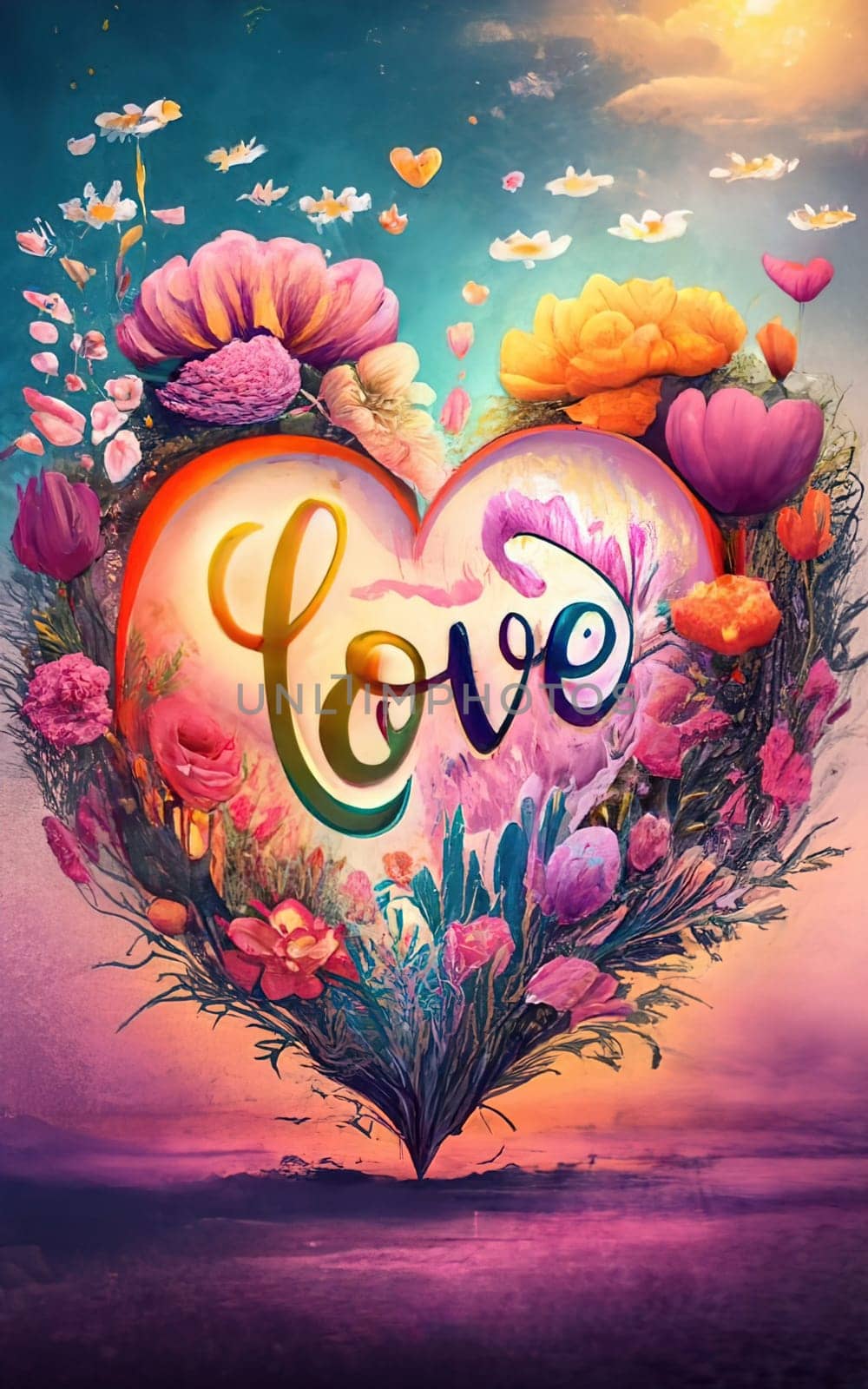 Love Heart with Flowers, Butterflies, and Watercolor Splash at Sunset - Soft Pastel Colors download image