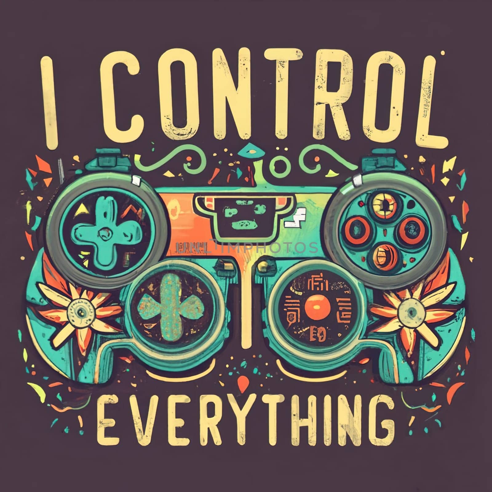 T-shirt design, retro gamepad with colorful ultra-intricate details, text I control everything, typography, illustration, dark fantasy download image