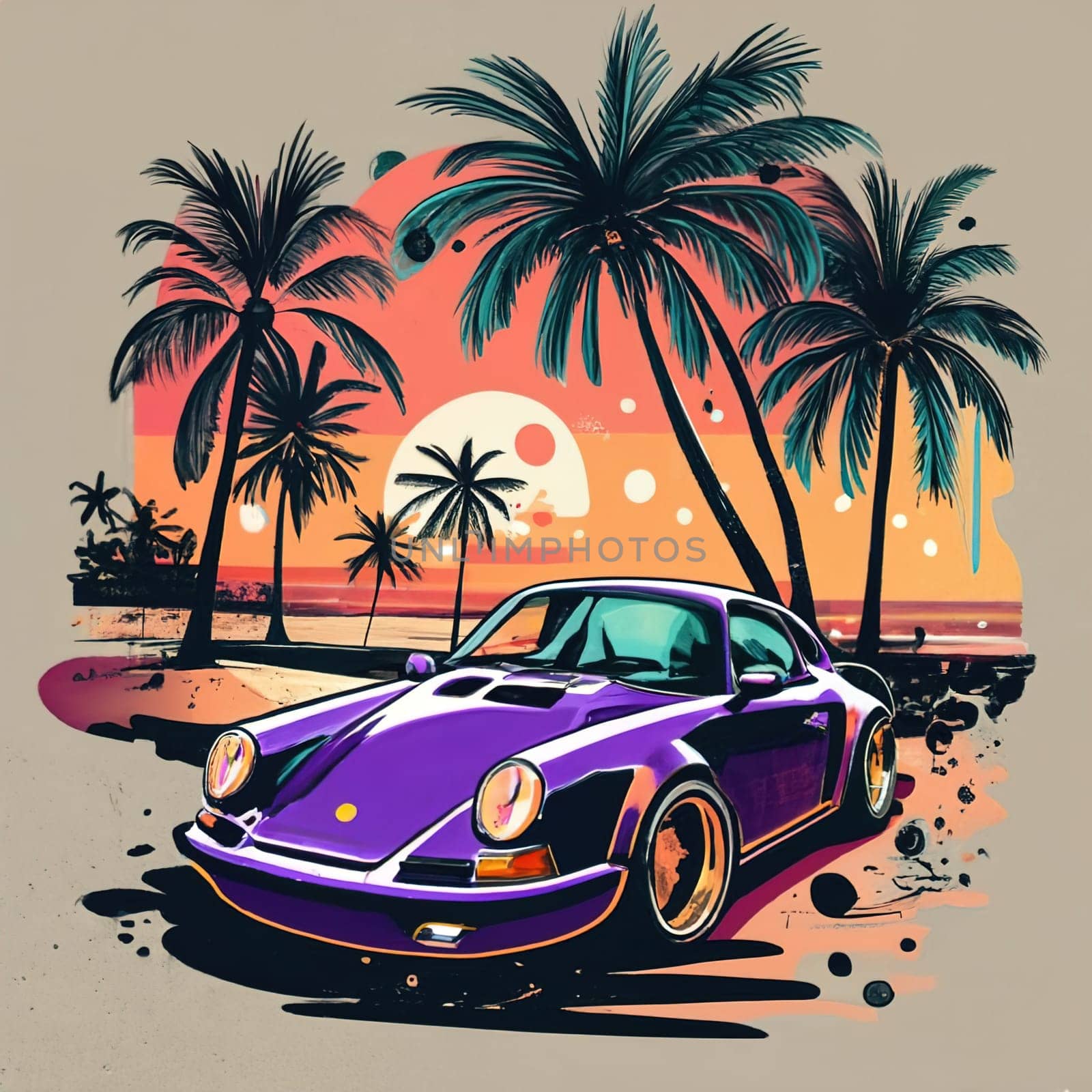 T-shirt design, minimalist ink painting, Purple Porsche 911 sports car by igor010