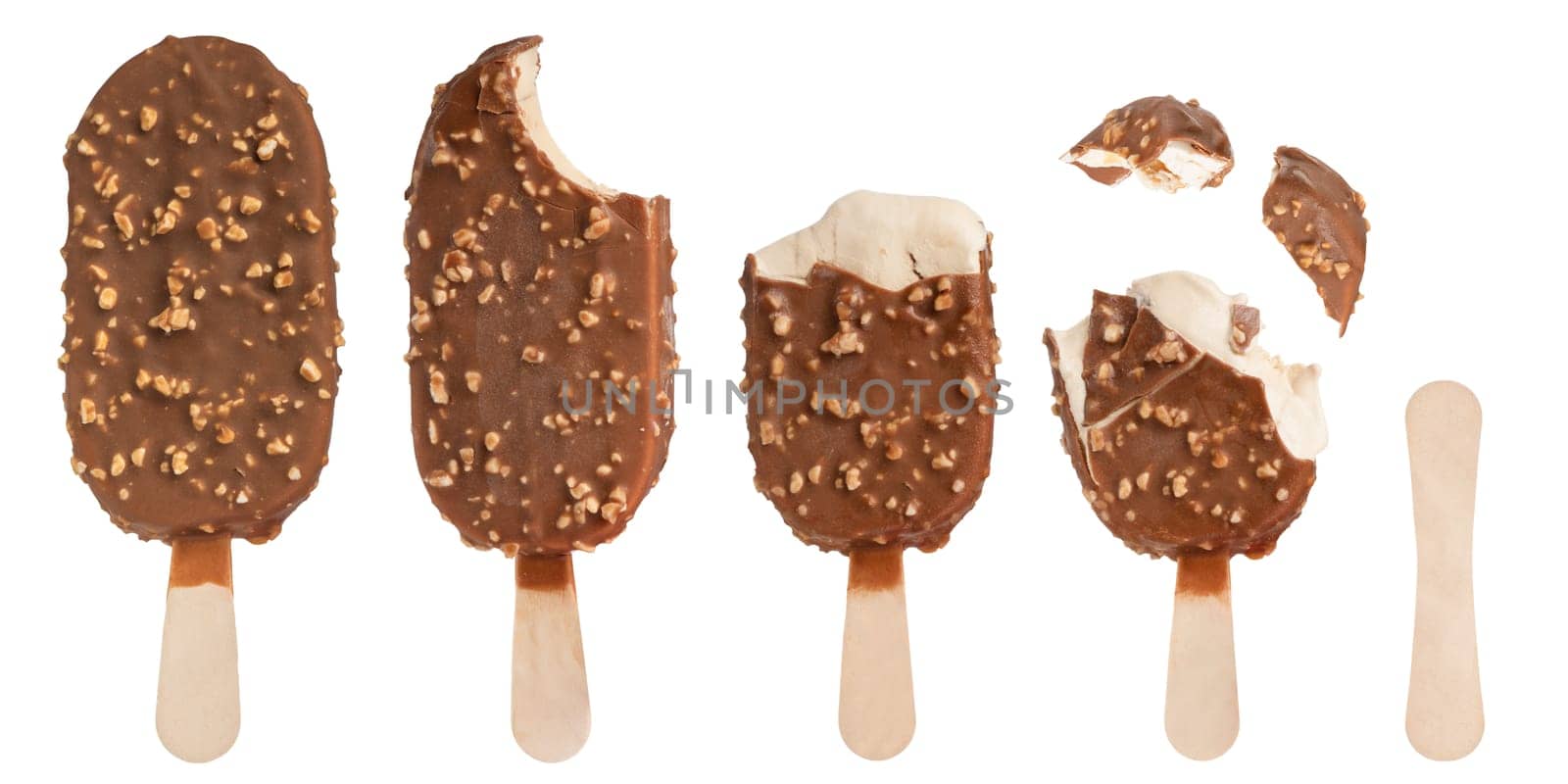 Vanilla ice cream with chocolate icing without different pieces on a white isolated background. Ice cream close-up. High quality photo