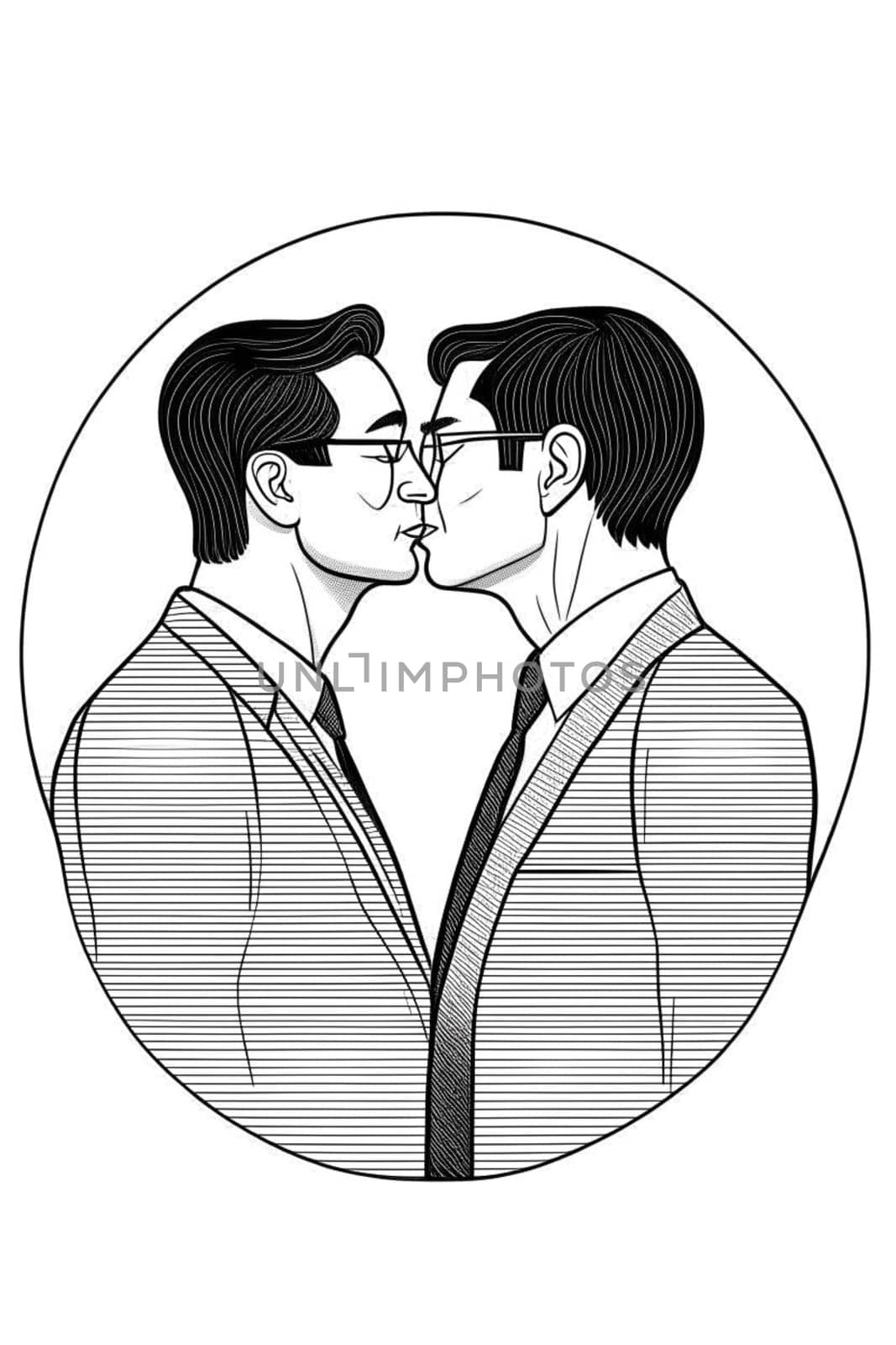 black and white geometric illustration of gay homosexual couple kissing, lgtb love concept by verbano