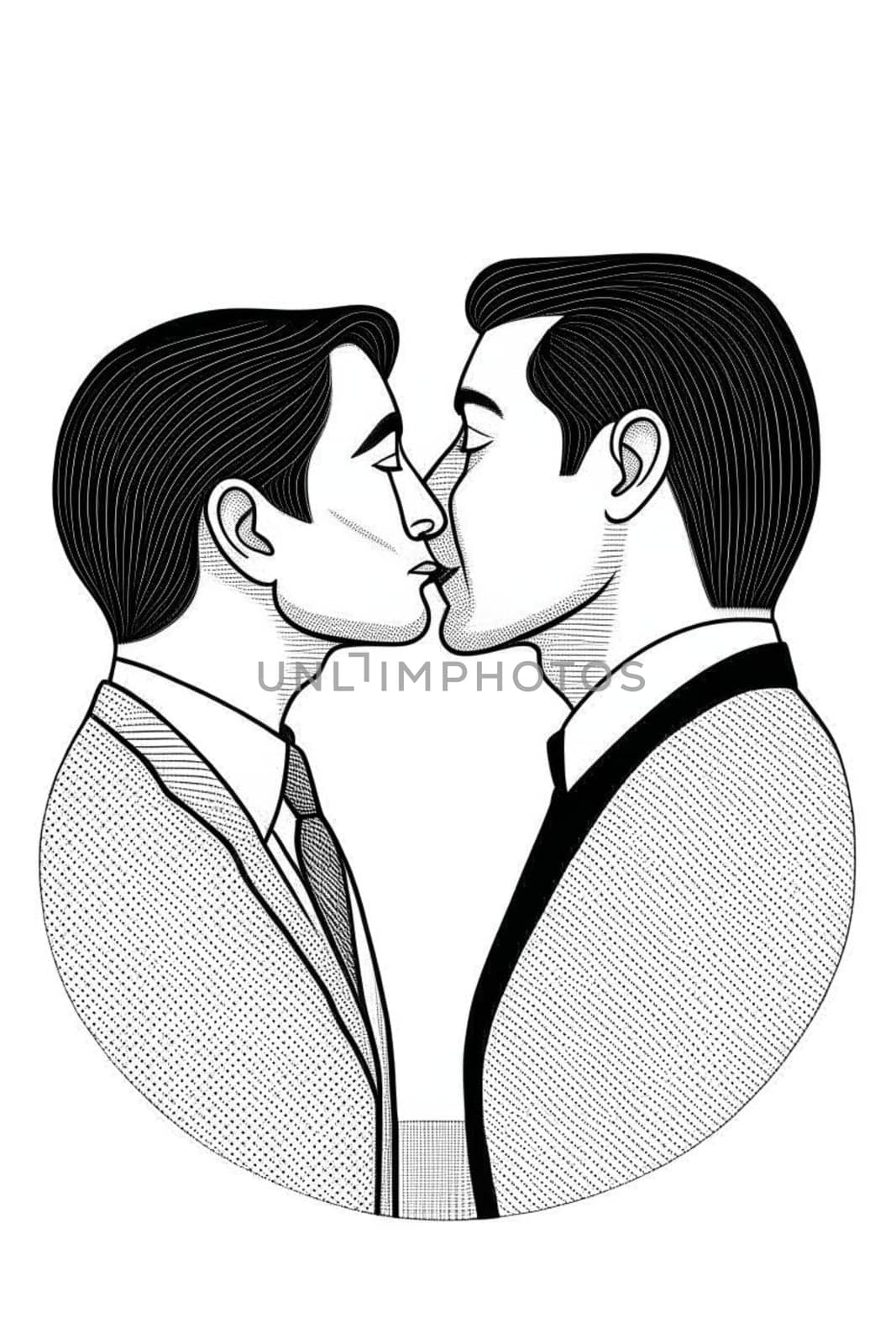 black and white geometric illustration of gay homosexual couple kissing, lgtb love concept by verbano