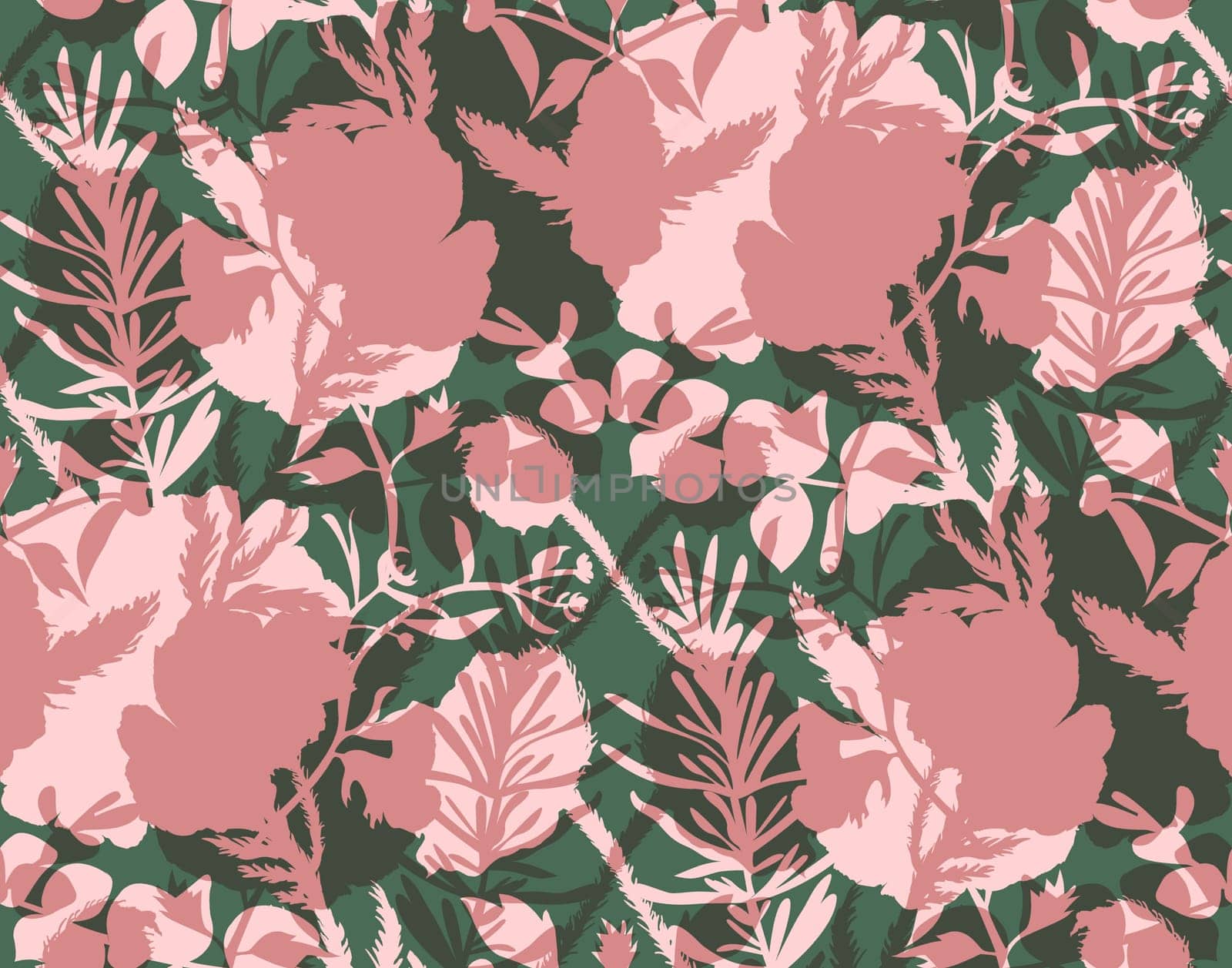 Seamless pattern with silhouettes of flowers in green and red shades. Modern botanical mix of silhouettes for summer textile and surface design