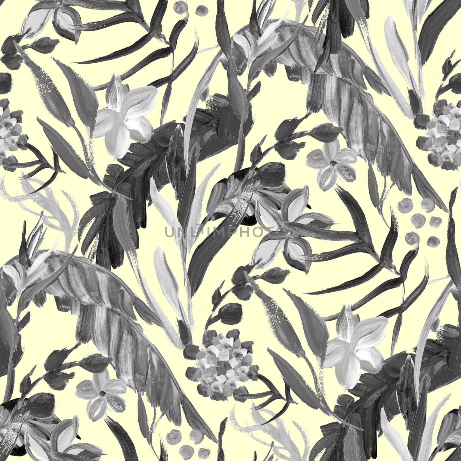monochrome seamless pattern with tropical flowers plant painted with gouache for textile