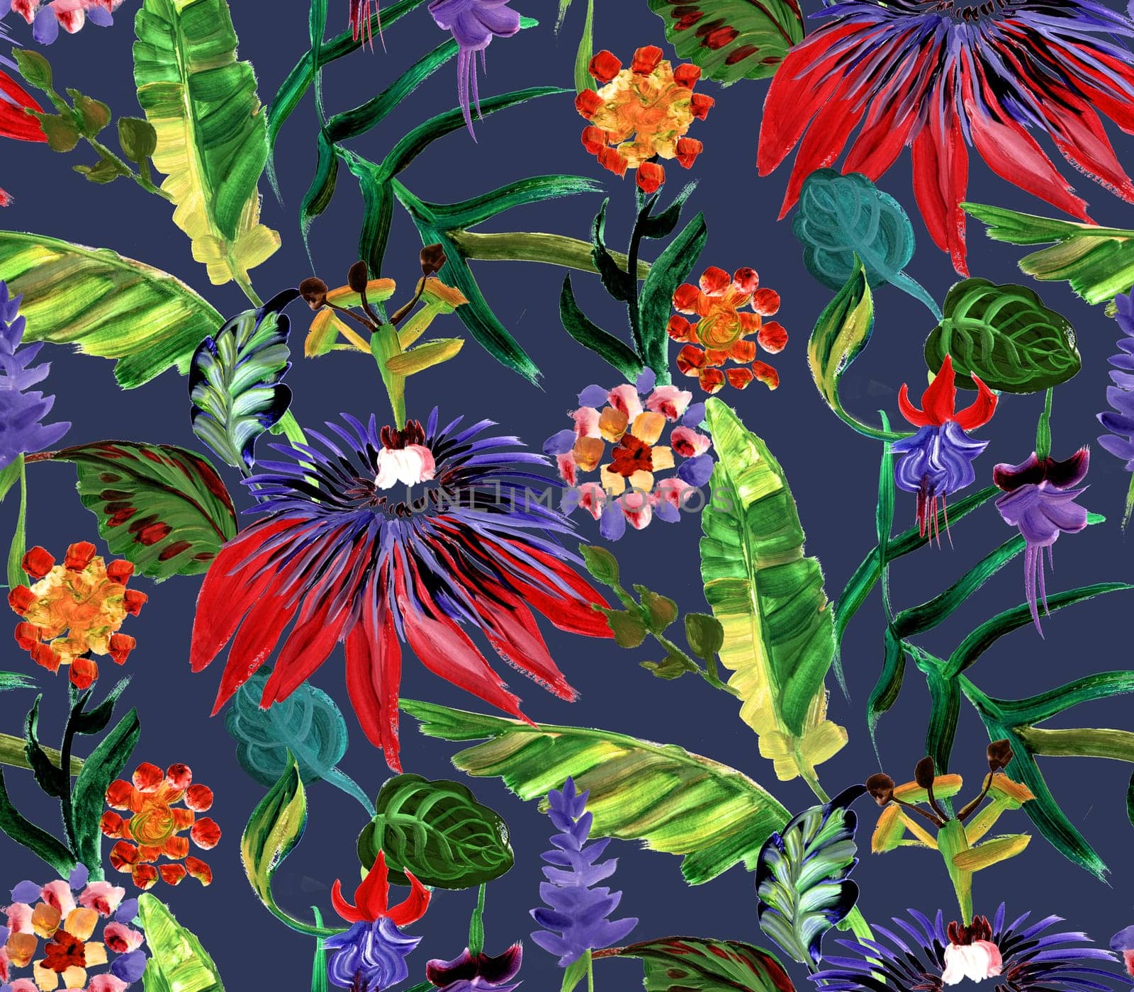 bright seamless pattern with multicolored tropical flowers and leaves on a blue background for textile by MarinaVoyush
