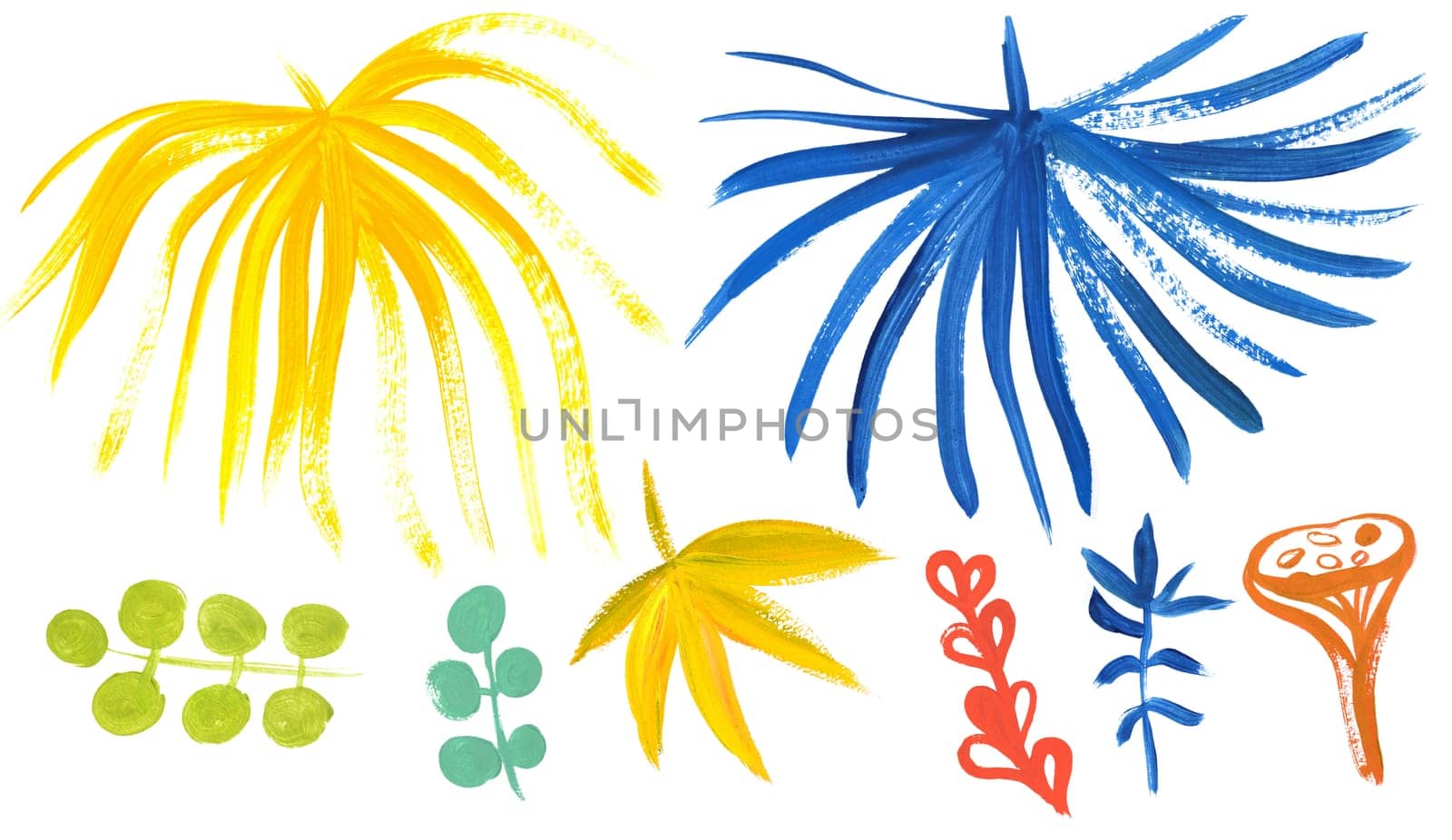 Collection of tropical branches and leaves painted with bright colors with a dry brush isolated on a white background