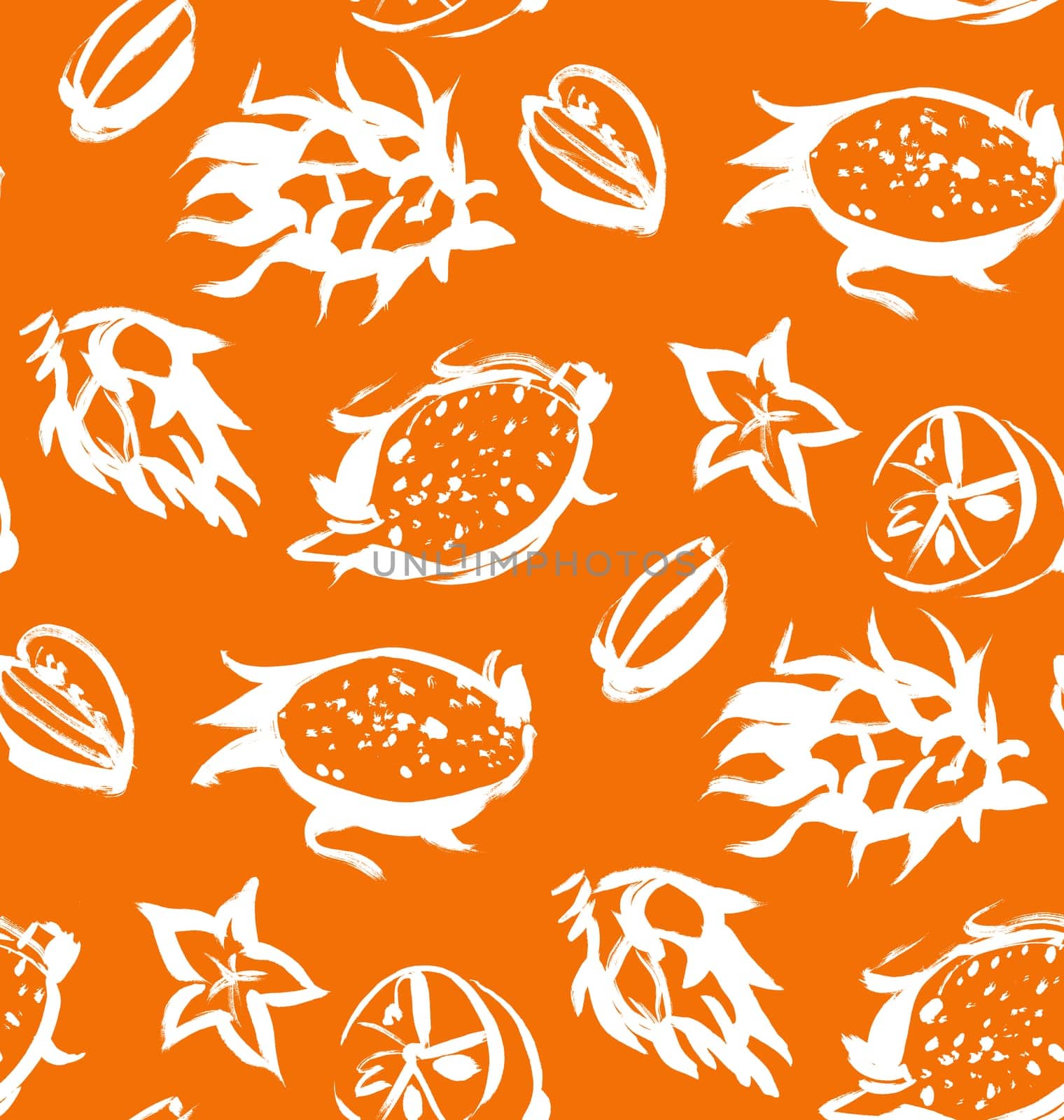 Seamless orange pattern with pttahaya tropical fruit silhouettes painted in gouache for summer textile and surface design