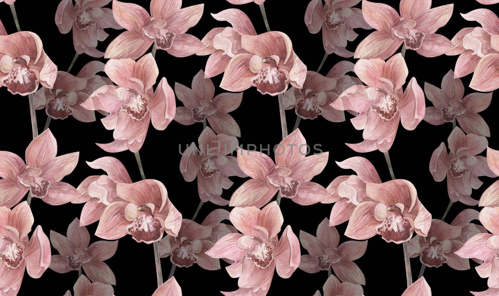 watercolor seamless pattern with orchid flowers on black background for textiles and surface design