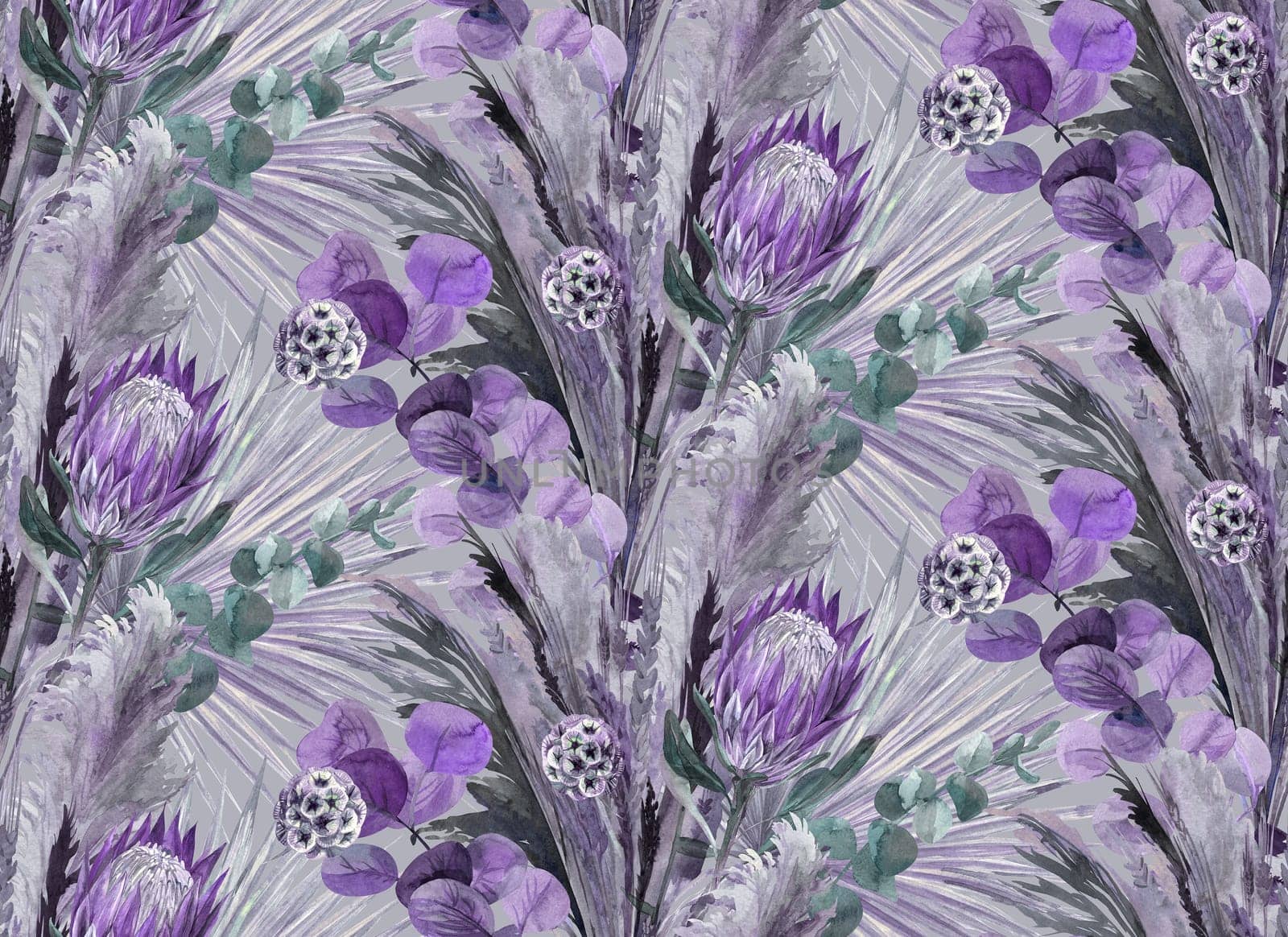 purple pattern with a bouquet of dried flowers with protea flower painted in watercolor on a grey background for textiles and surface design