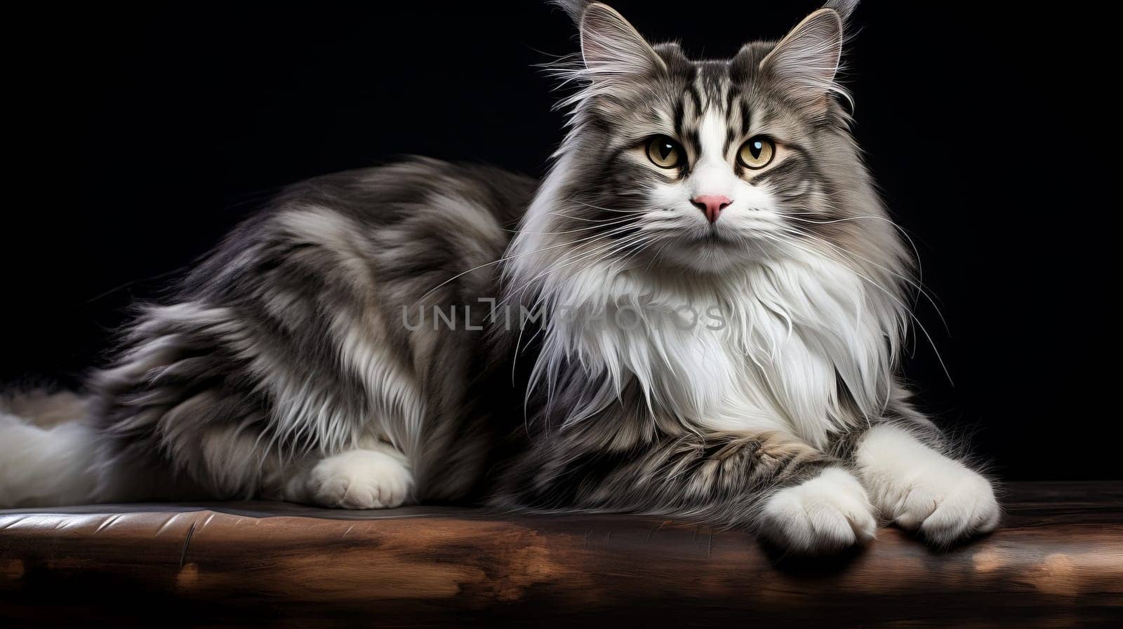Resting Norwegian Forest Cat Cat on a black background.