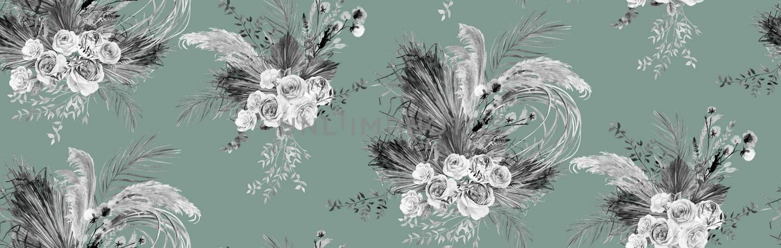 Watercolor seamless pattern in boho style with botanical composition of dried flowers with palm leaves and delicate rose flowers and for textile