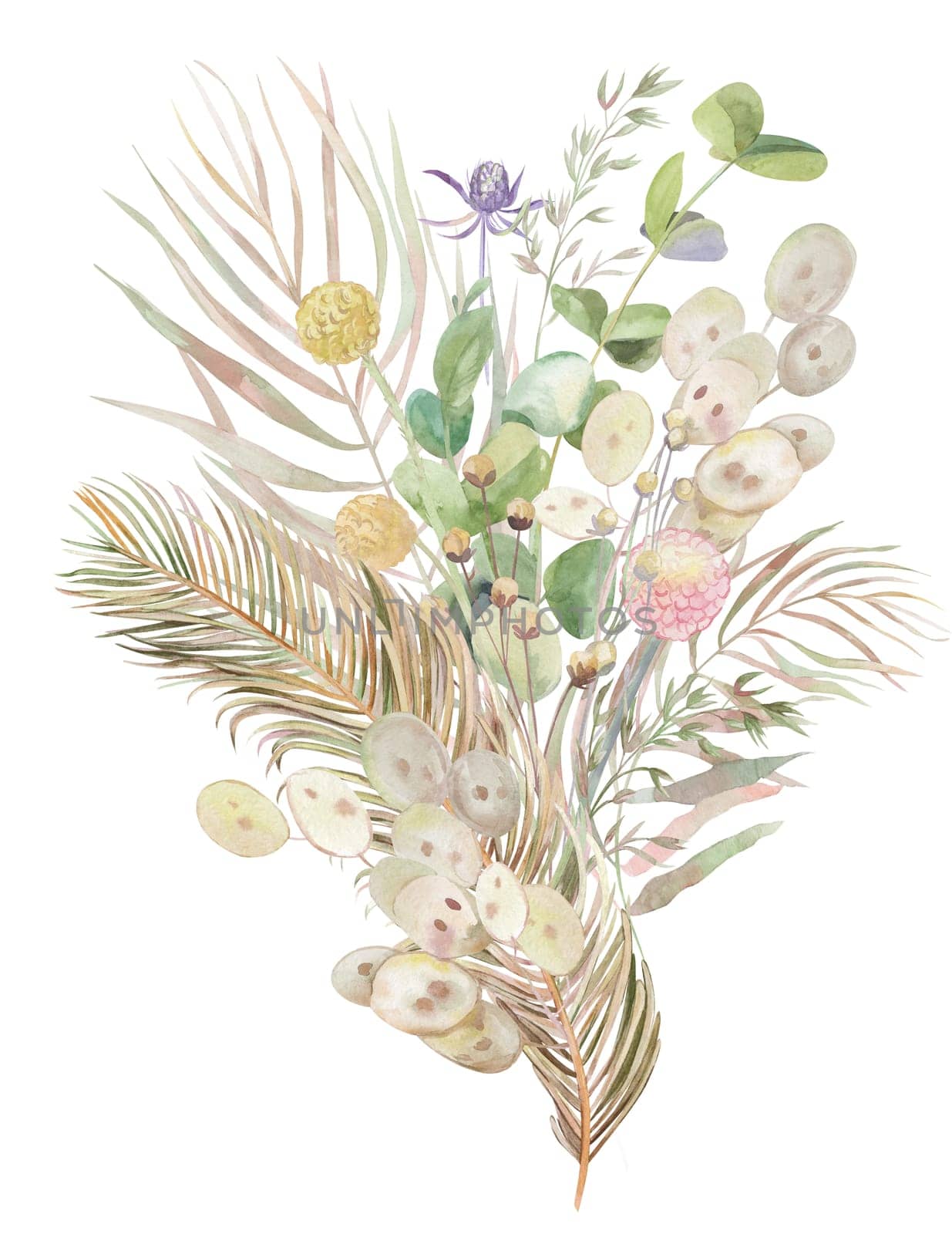 Illustration with a bouquet of dried flowers with tropical leaves of palm trees and herbs drawn in watercolor on a white background